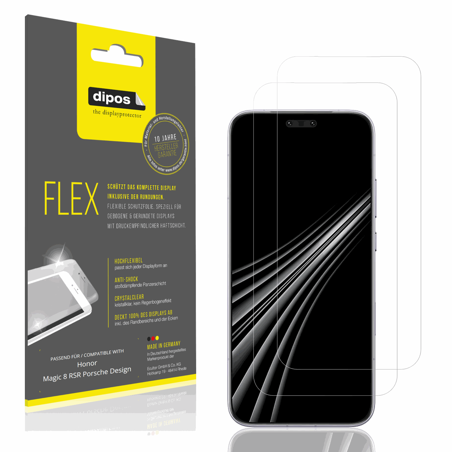 Klare Displayschutzfolie von dipos passend für Honor Magic 8 RSR Porsche Design, 100% Displayabdeckung und blasenfreie Montage