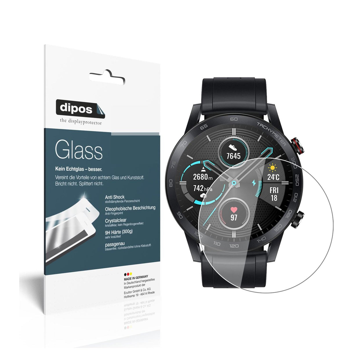 Klare Displayschutzfolie von dipos passend für Honor Magic Watch 2 46mm, 9H kratzfest und blasenfrei montiert