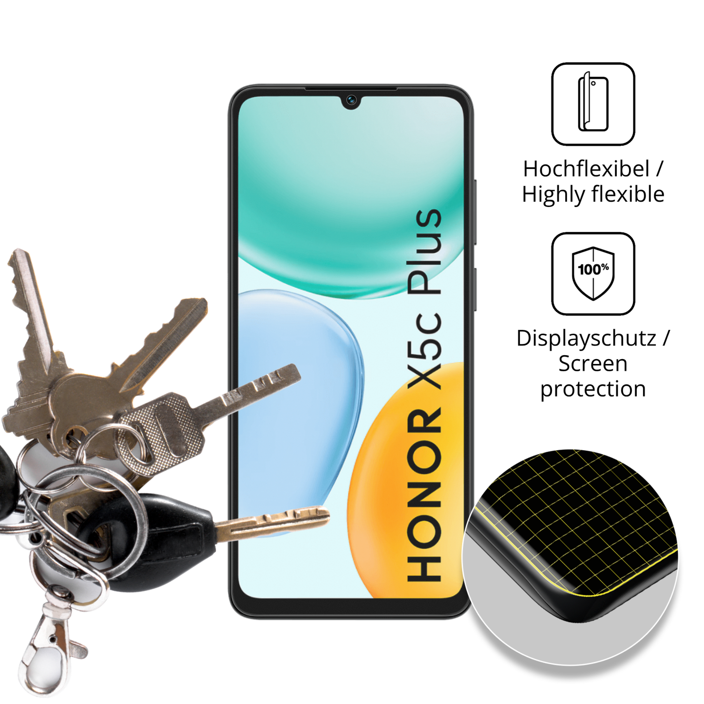 dipos Displayschutz für Honor X5c Plus, transparente Oberfläche, perfekte Passform auch für die Rundungen