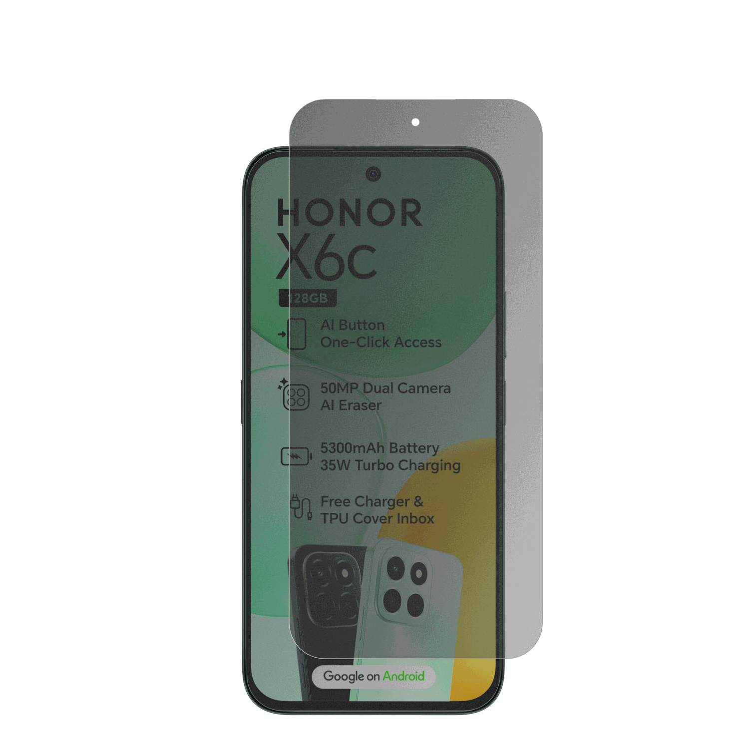 HonorX6c mit aufgebrachtem dipos Displayschutz, der seitliche Einblicke blockiert