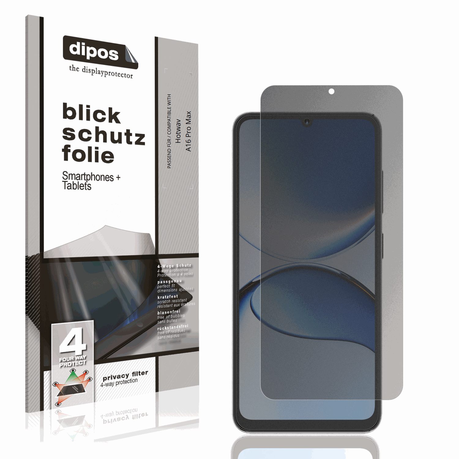 Blickschutzfolie von dipos passend für Hotwav A16 Pro Max, präziser Zuschnitt und blasenfrei montiert