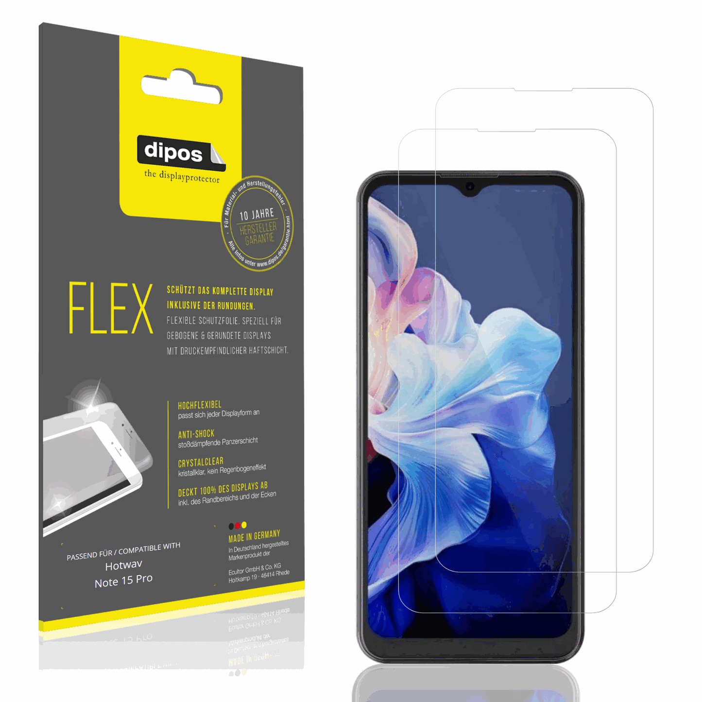 Klare Displayschutzfolie von dipos passend für Hotwav Note 15 Pro, 100% Displayabdeckung und blasenfreie Montage