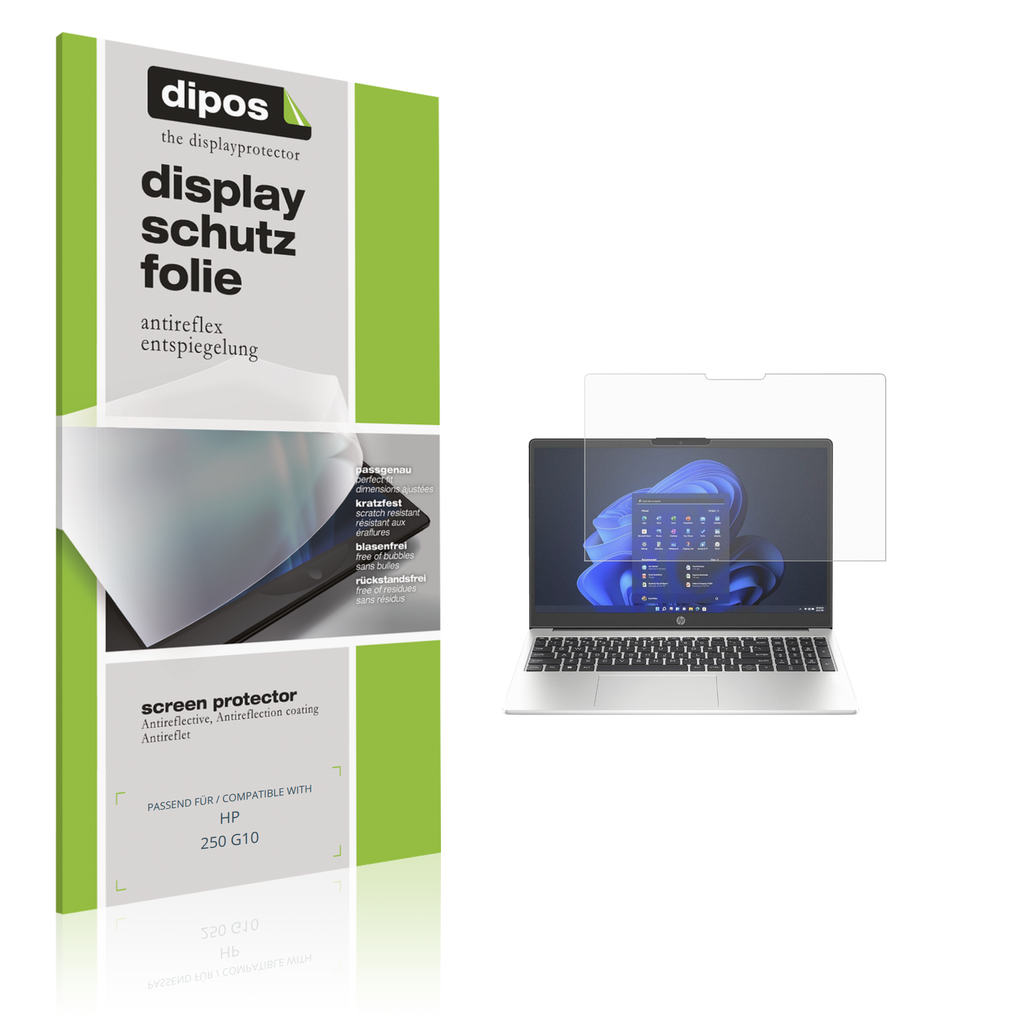 Matte Displayschutzfolie von dipos passend für HP 250 G10, präziser Zuschnitt und blasenfrei montiert