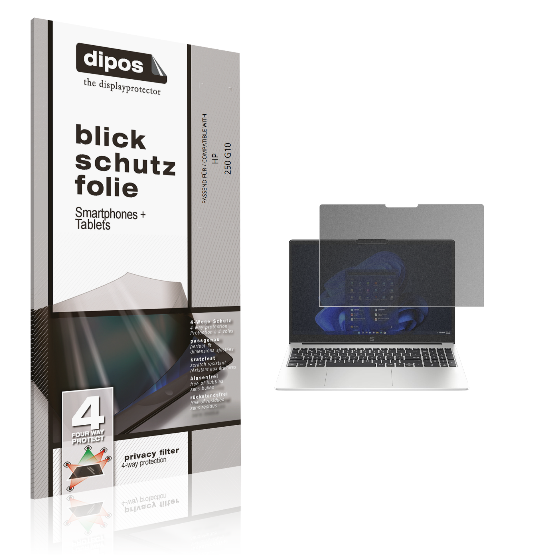 Blickschutzfolie von dipos passend für HP 250 G10, präziser Zuschnitt und blasenfrei montiert