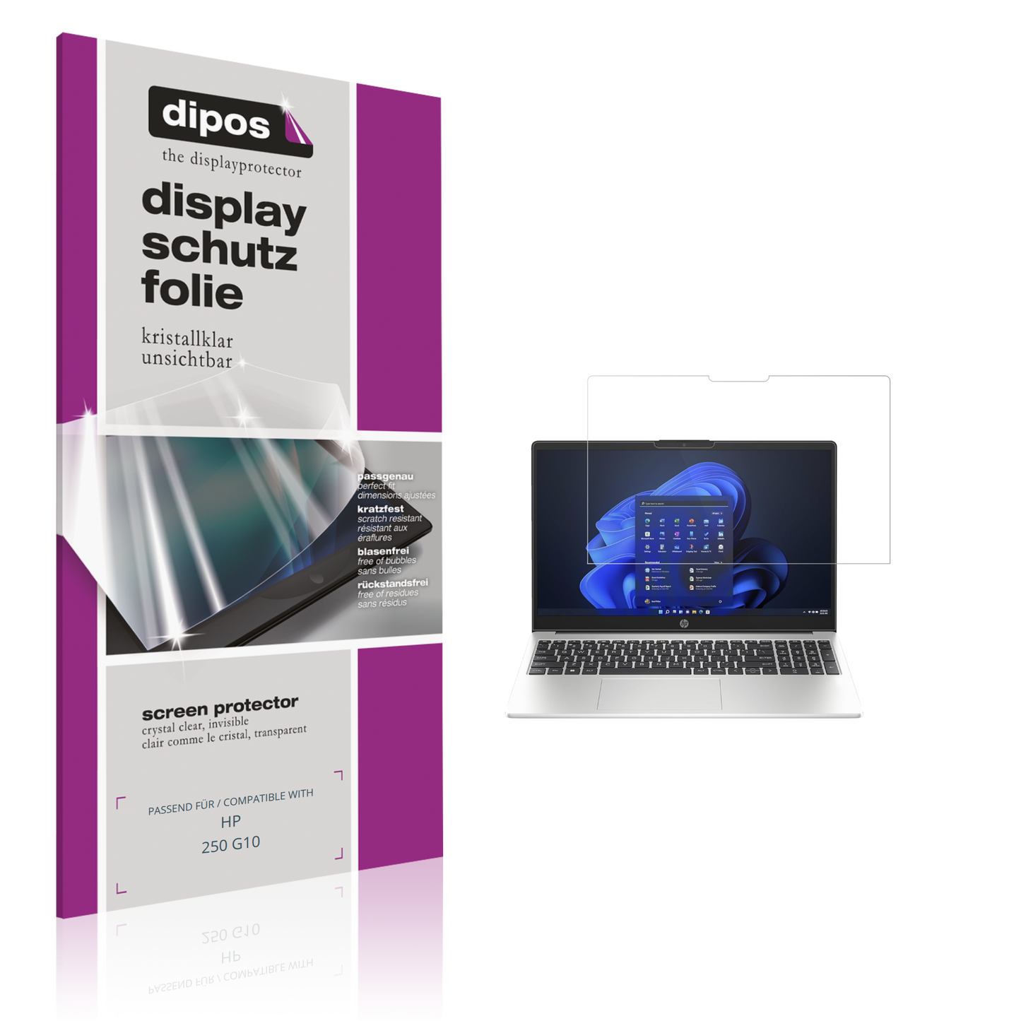 Klare Displayschutzfolie von dipos passend für HP 250 G10, präziser Zuschnitt und blasenfrei montiert