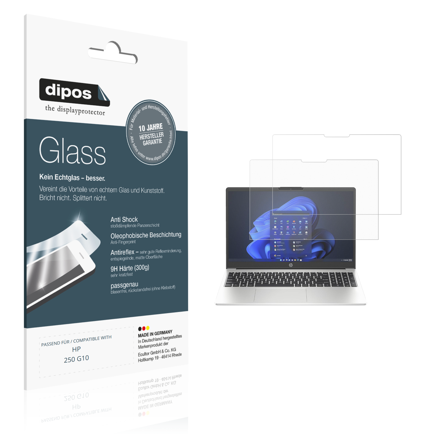 Matte Displayschutzfolie von dipos passend für HP 250 G10, 9H kratzfest und blasenfrei montiert