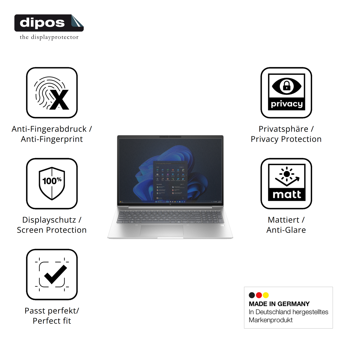 Blickschutzfolie für HP EliteBook 6 G1i 16 Zoll matt Schutzfolie Privacy