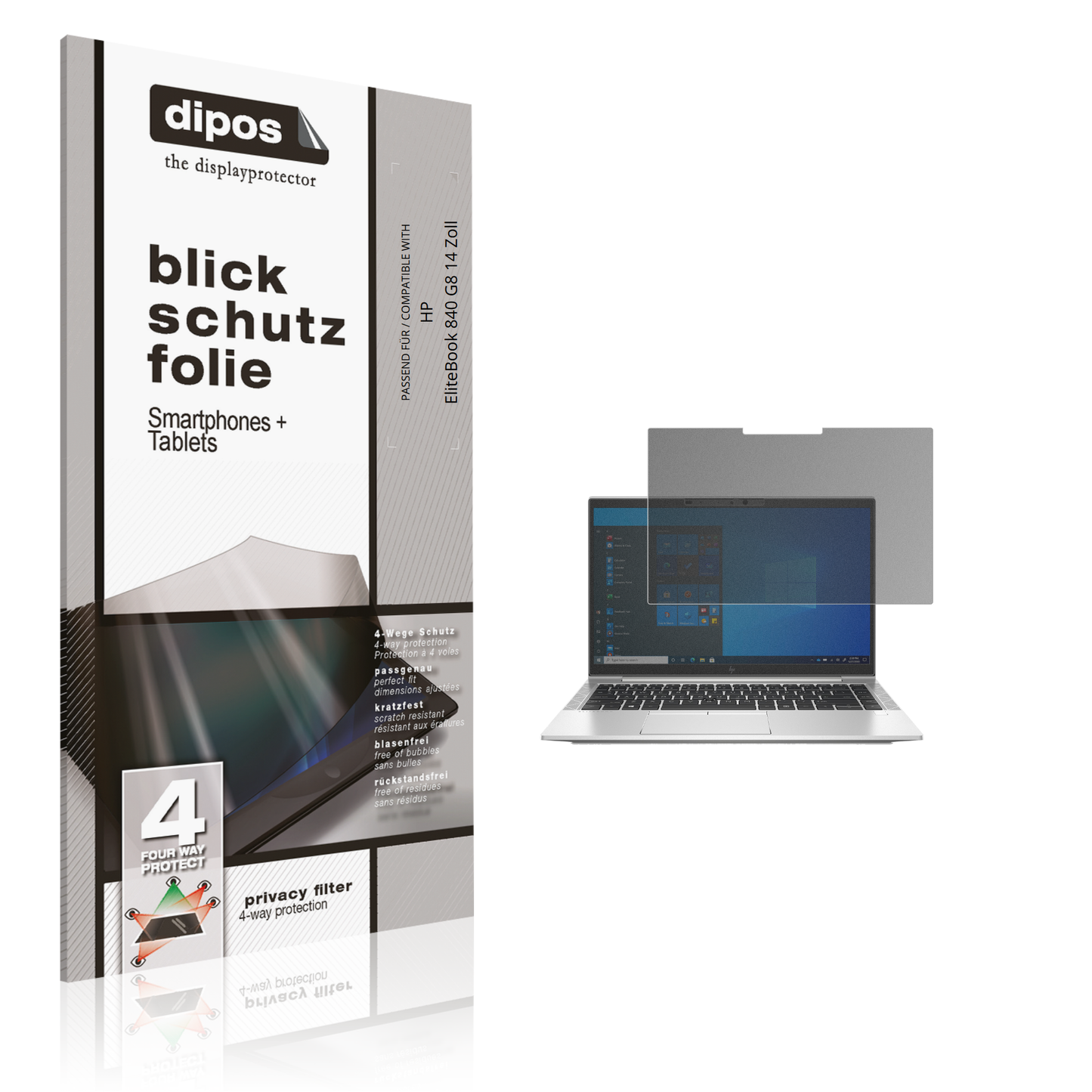 Blickschutzfolie von dipos passend für HP EliteBook 840 G8 14 Zoll, präziser Zuschnitt und blasenfrei montiert