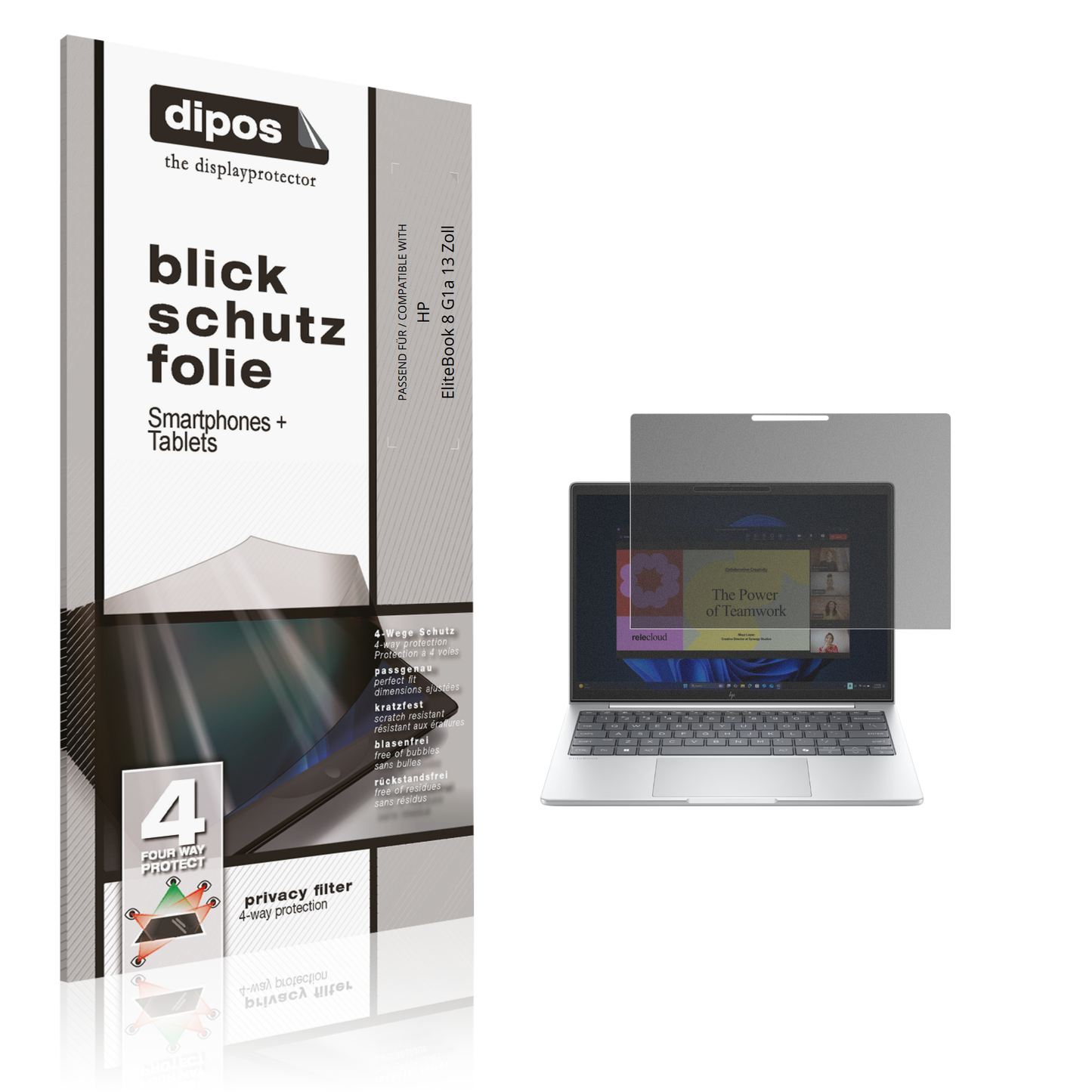 Blickschutzfolie von dipos passend für HP EliteBook 8 G1a 13 Zoll, präziser Zuschnitt und blasenfrei montiert