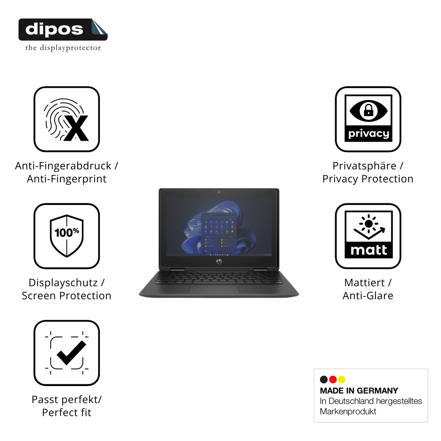 Privatsphäre-Schutz durch Sichtschutz-Folie passend zugeschnitten für hpfortis flip g1i 11 zoll
