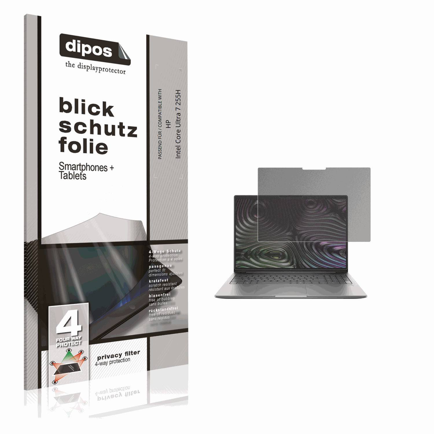 Blickschutzfolie von dipos passend für HP Intel Core Ultra 7 255H, präziser Zuschnitt und blasenfrei montiert