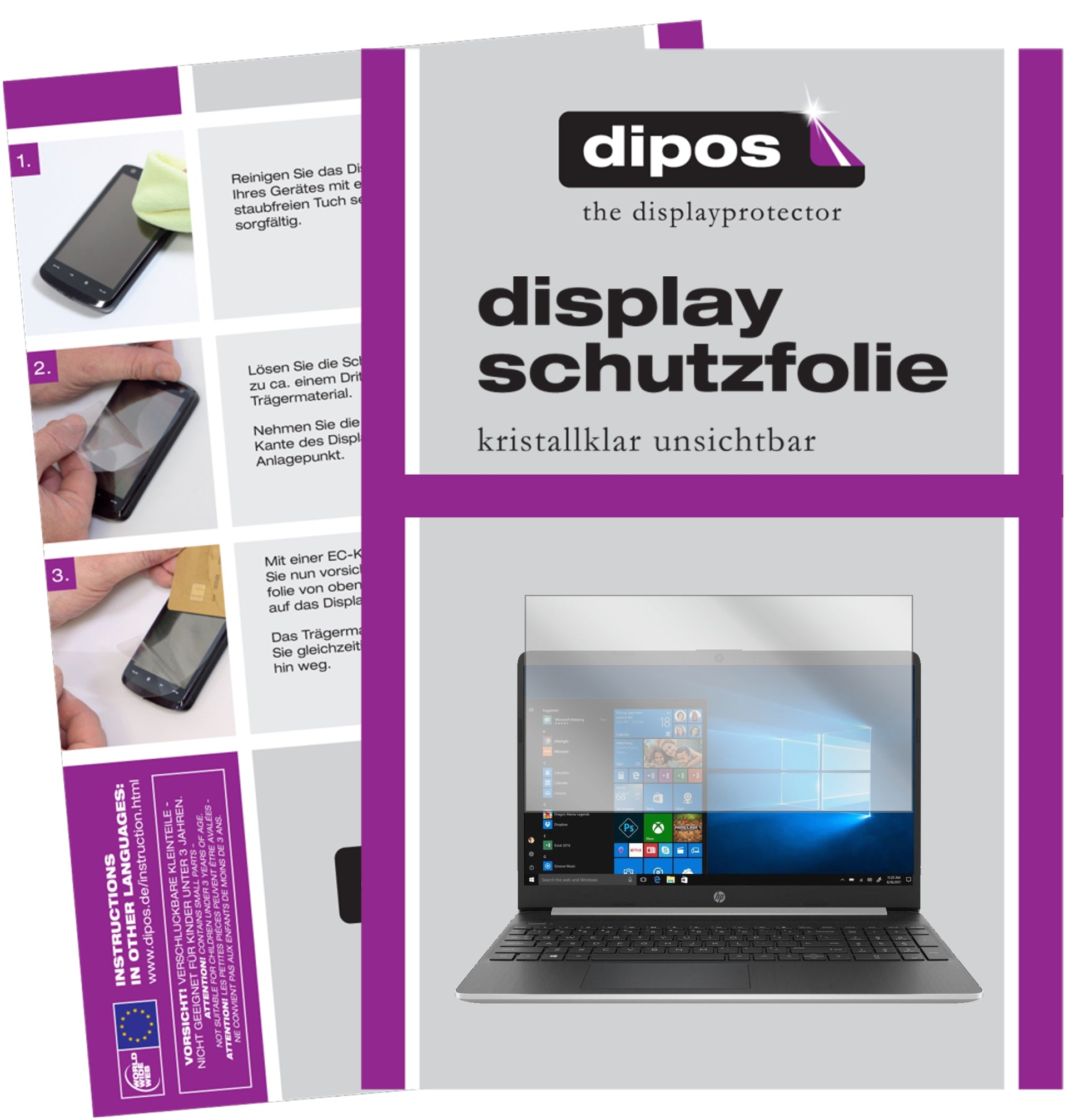 Klare Displayschutzfolie von dipos passend für HP Laptop 15s-eq0564ng, präziser Zuschnitt und blasenfrei montiert