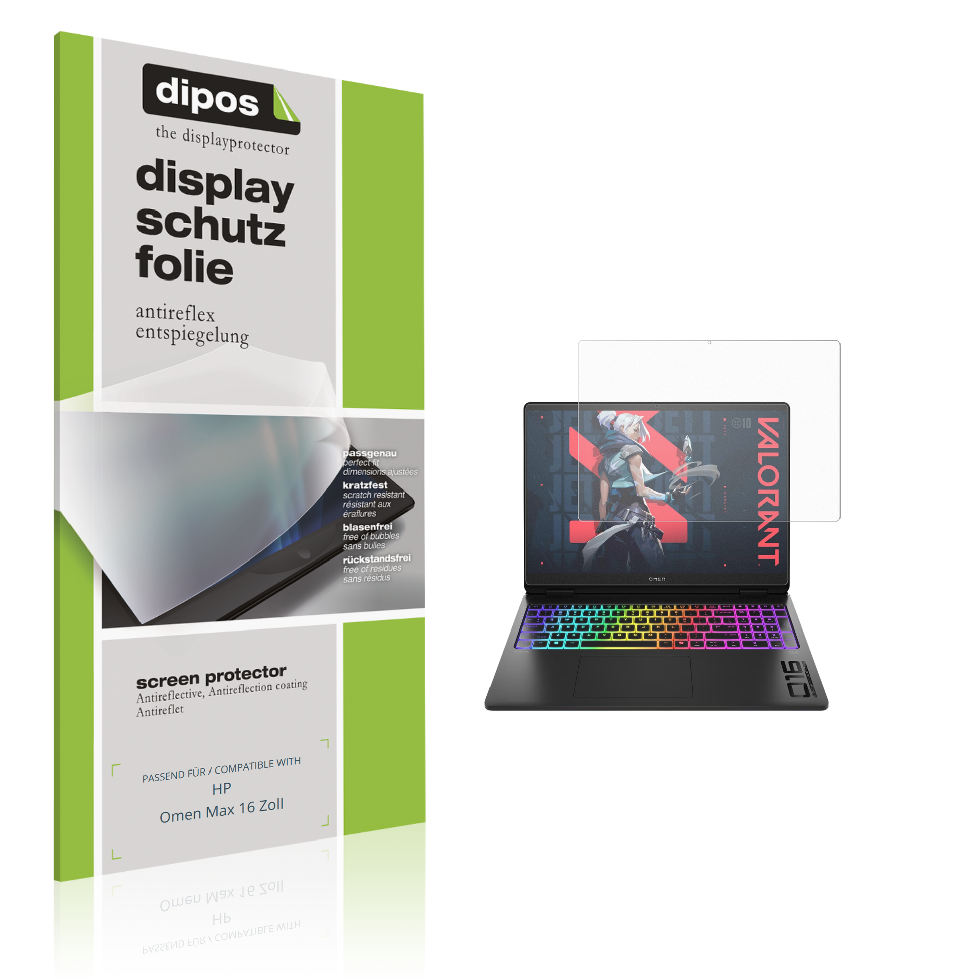 Matte Displayschutzfolie von dipos passend für hpomen max 16 zoll, präziser Zuschnitt und blasenfrei montiert