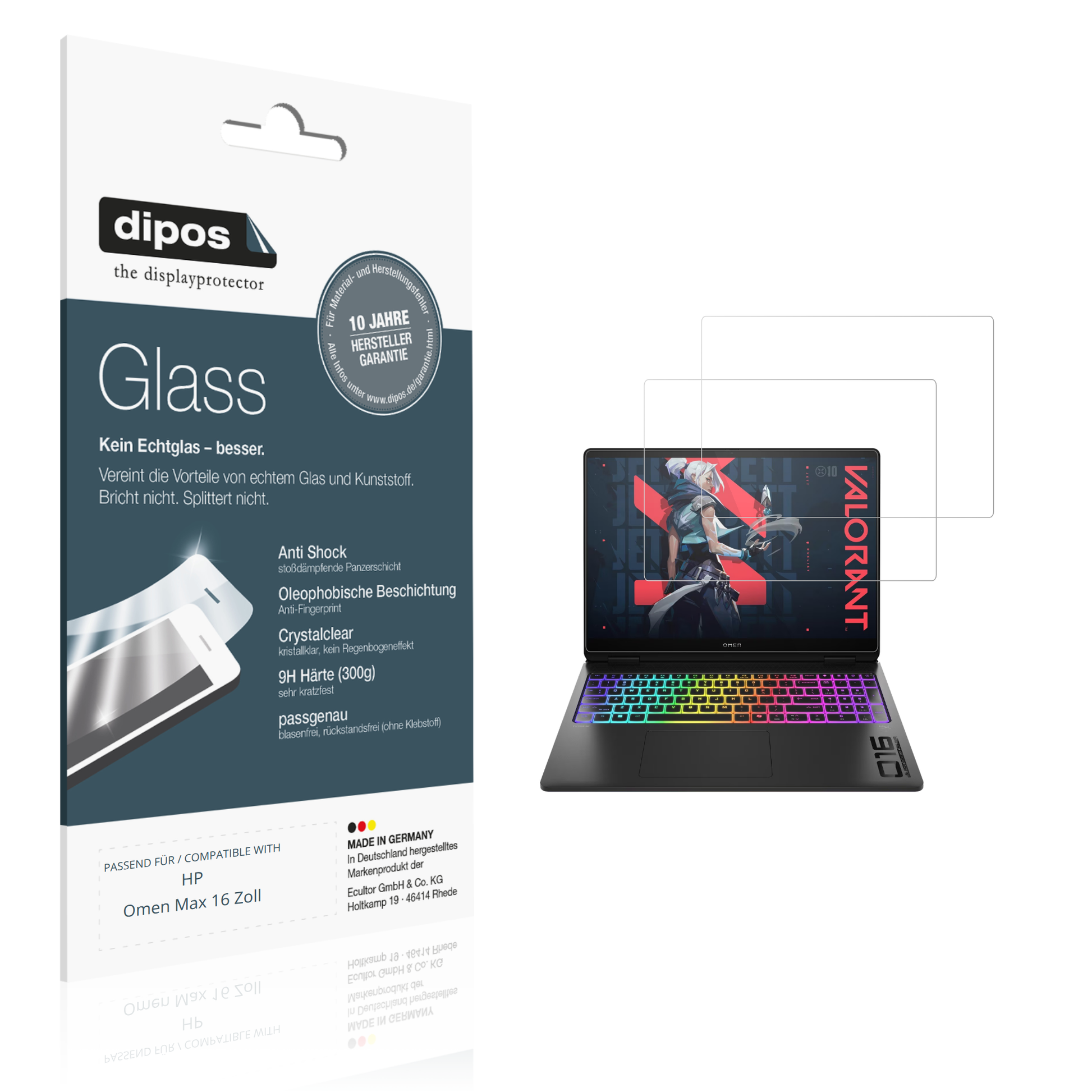 Klare Displayschutzfolie von dipos passend für hpomen max 16 zoll, 9H kratzfest und blasenfrei montiert