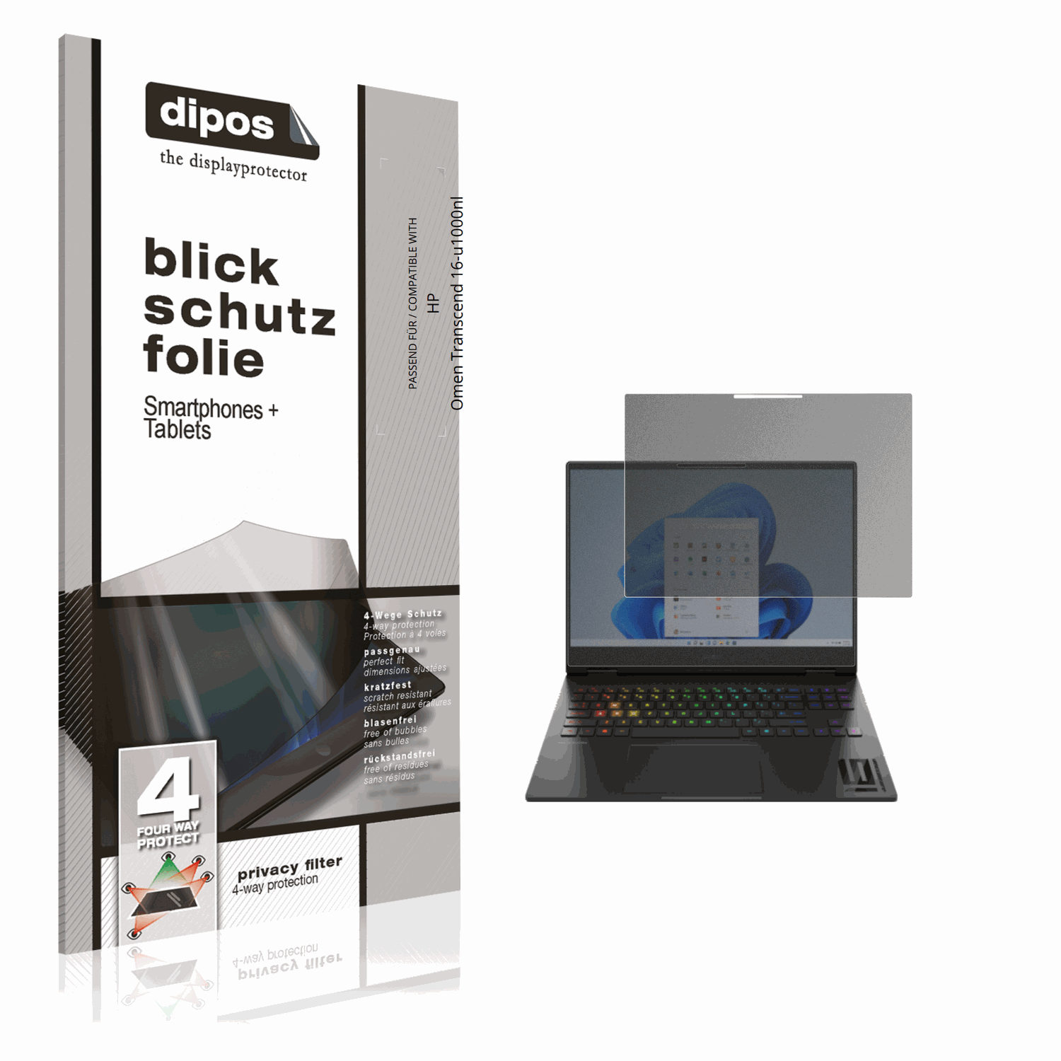 Blickschutzfolie von dipos passend für hpomen transcend 16-u1000nl, präziser Zuschnitt und blasenfrei montiert