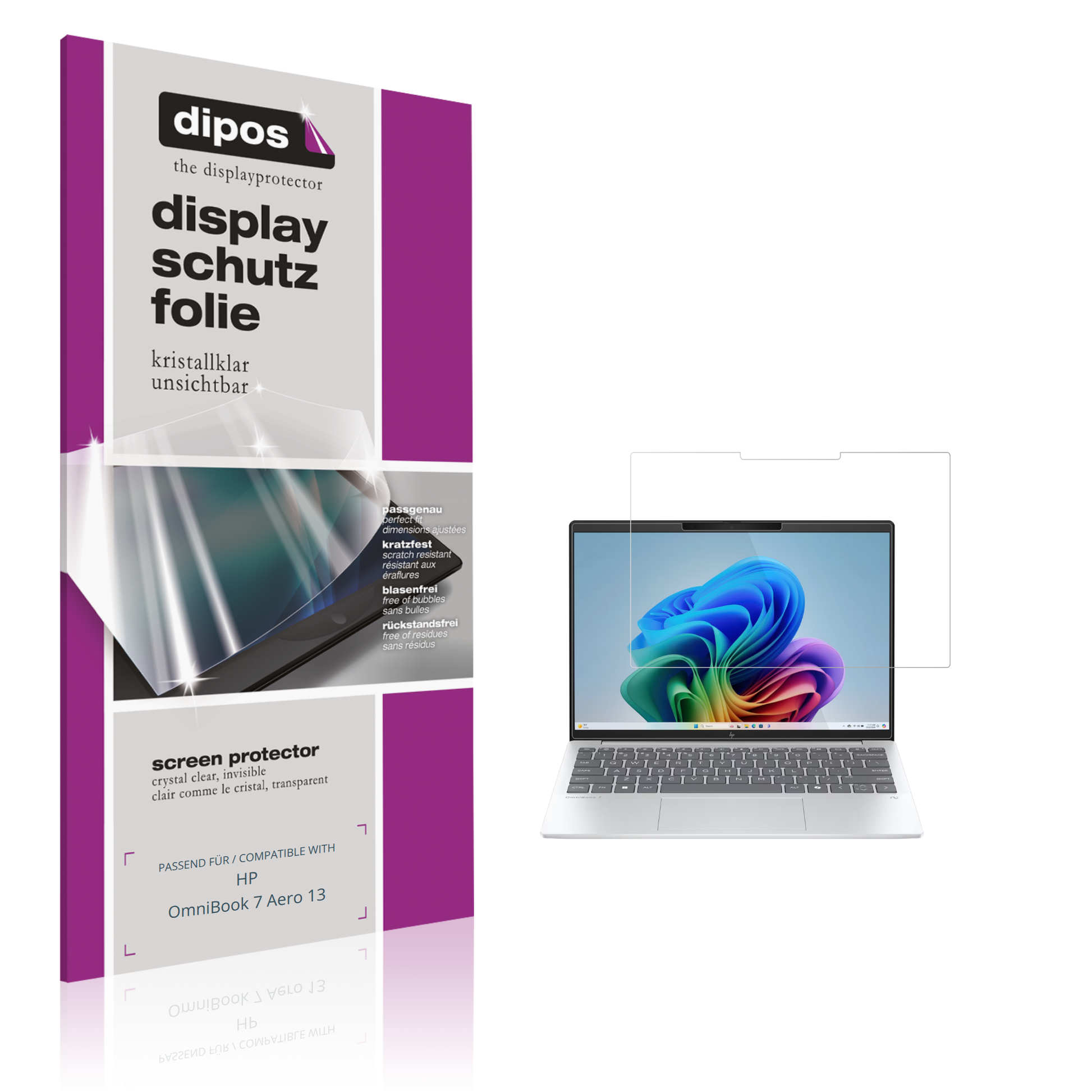 Klare Displayschutzfolie von dipos passend für hpomnibook 7 aero 13, präziser Zuschnitt und blasenfrei montiert