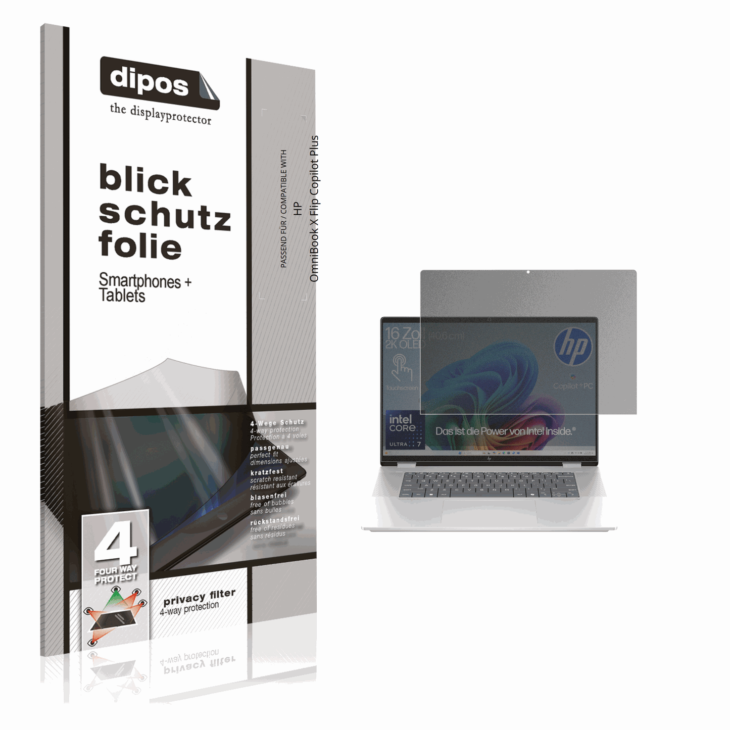 Blickschutzfolie von dipos passend für HP OmniBook X Flip Copilot Plus, präziser Zuschnitt und blasenfrei montiert