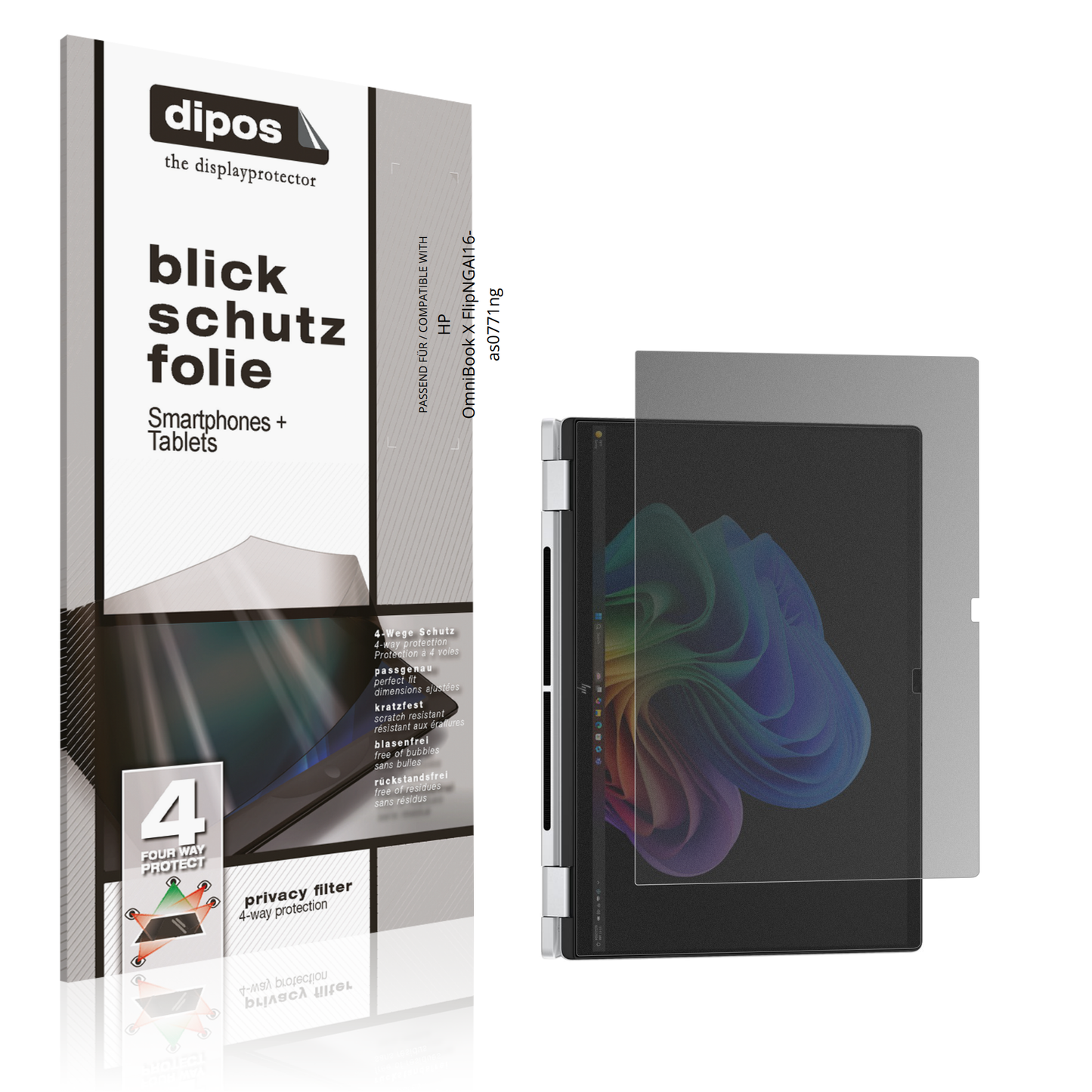 Blickschutzfolie von dipos passend für HP OmniBook X FlipNGAI16-as0771ng, präziser Zuschnitt und blasenfrei montiert