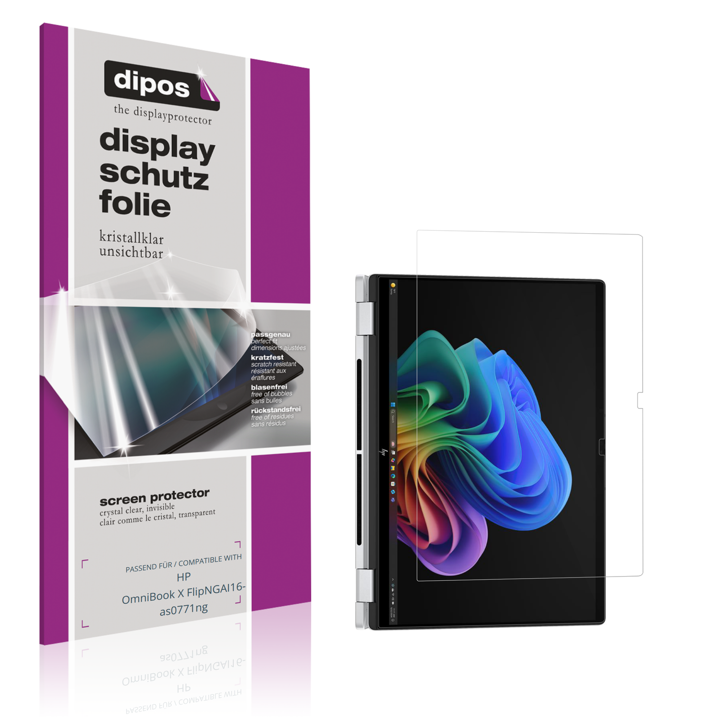 Klare Displayschutzfolie von dipos passend für HP OmniBook X FlipNGAI16-as0771ng, präziser Zuschnitt und blasenfrei montiert