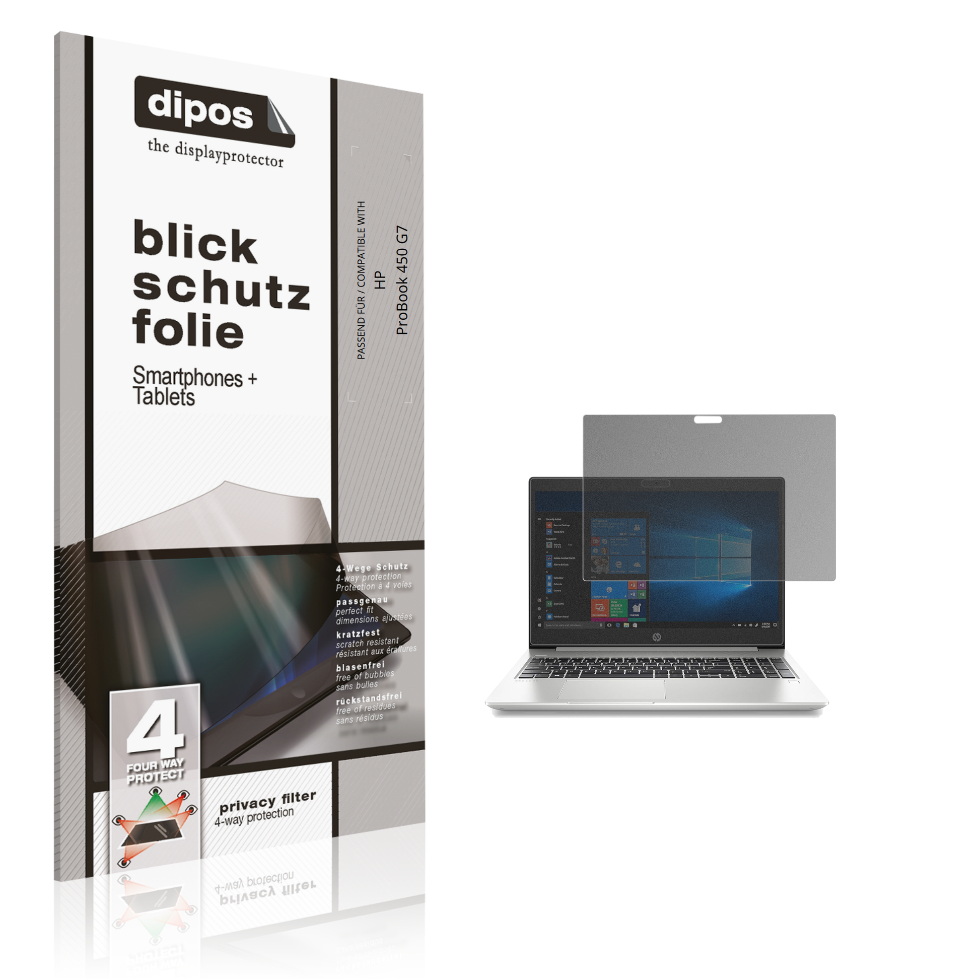 Blickschutzfolie von dipos passend für HP ProBook 450 G7, präziser Zuschnitt und blasenfrei montiert