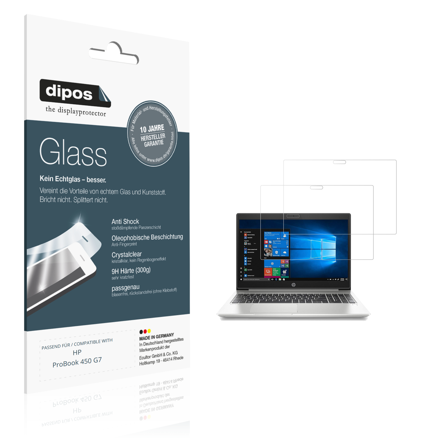 Klare Displayschutzfolie von dipos passend für HP ProBook 450 G7, 9H kratzfest und blasenfrei montiert
