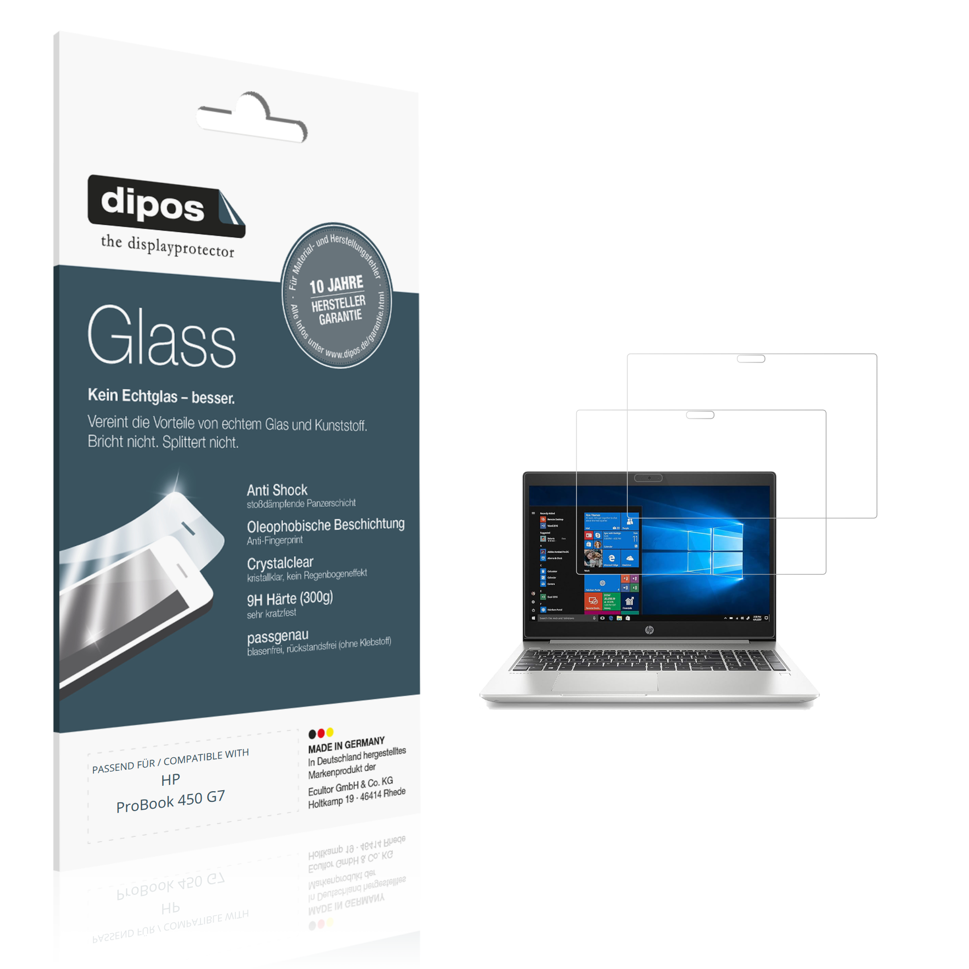Klare Displayschutzfolie von dipos passend für HP ProBook 450 G7, 9H kratzfest und blasenfrei montiert