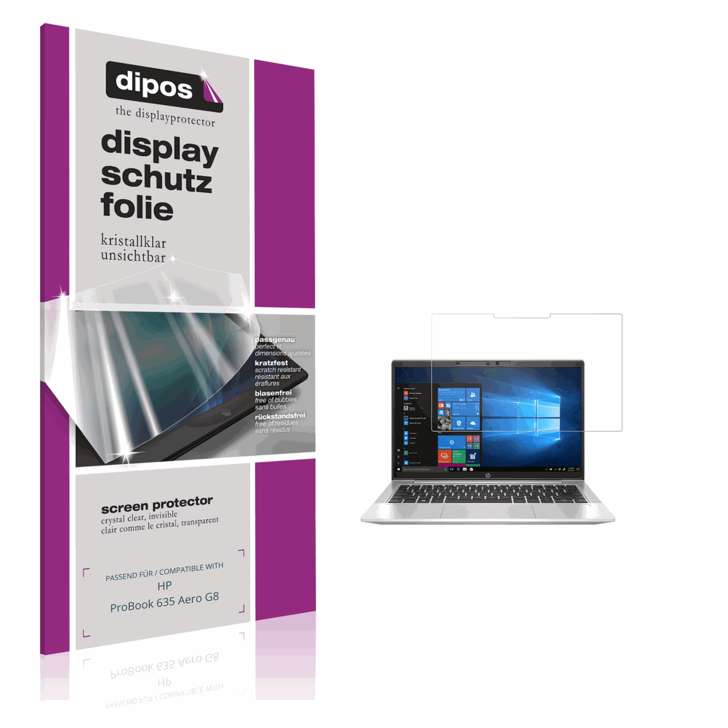 Klare Displayschutzfolie von dipos passend für hpprobook 635 aero g8, präziser Zuschnitt und blasenfrei montiert