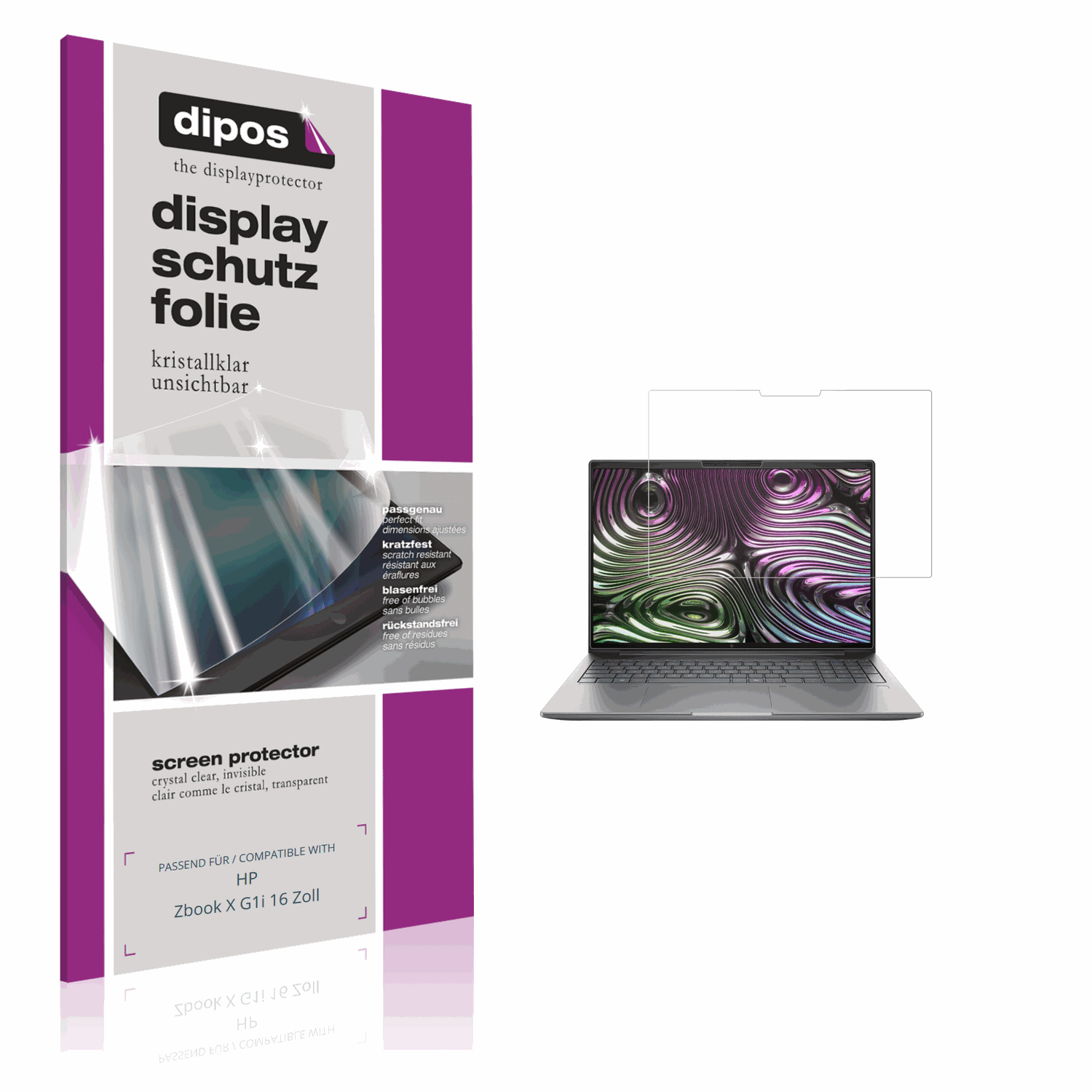 Klare Displayschutzfolie von dipos passend für HP Zbook X G1i 16 Zoll, präziser Zuschnitt und blasenfrei montiert