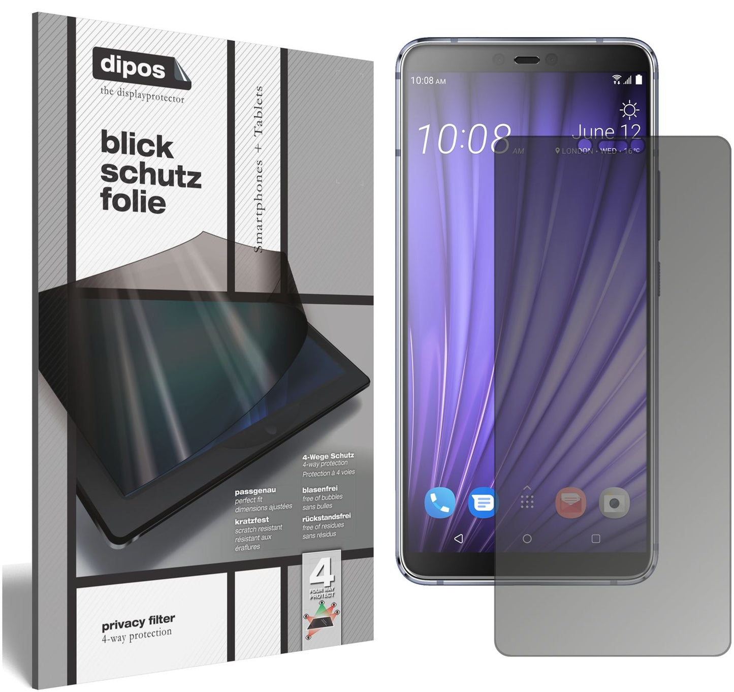 Blickschutzfolie von dipos passend für HTC U19e, präziser Zuschnitt und blasenfrei montiert