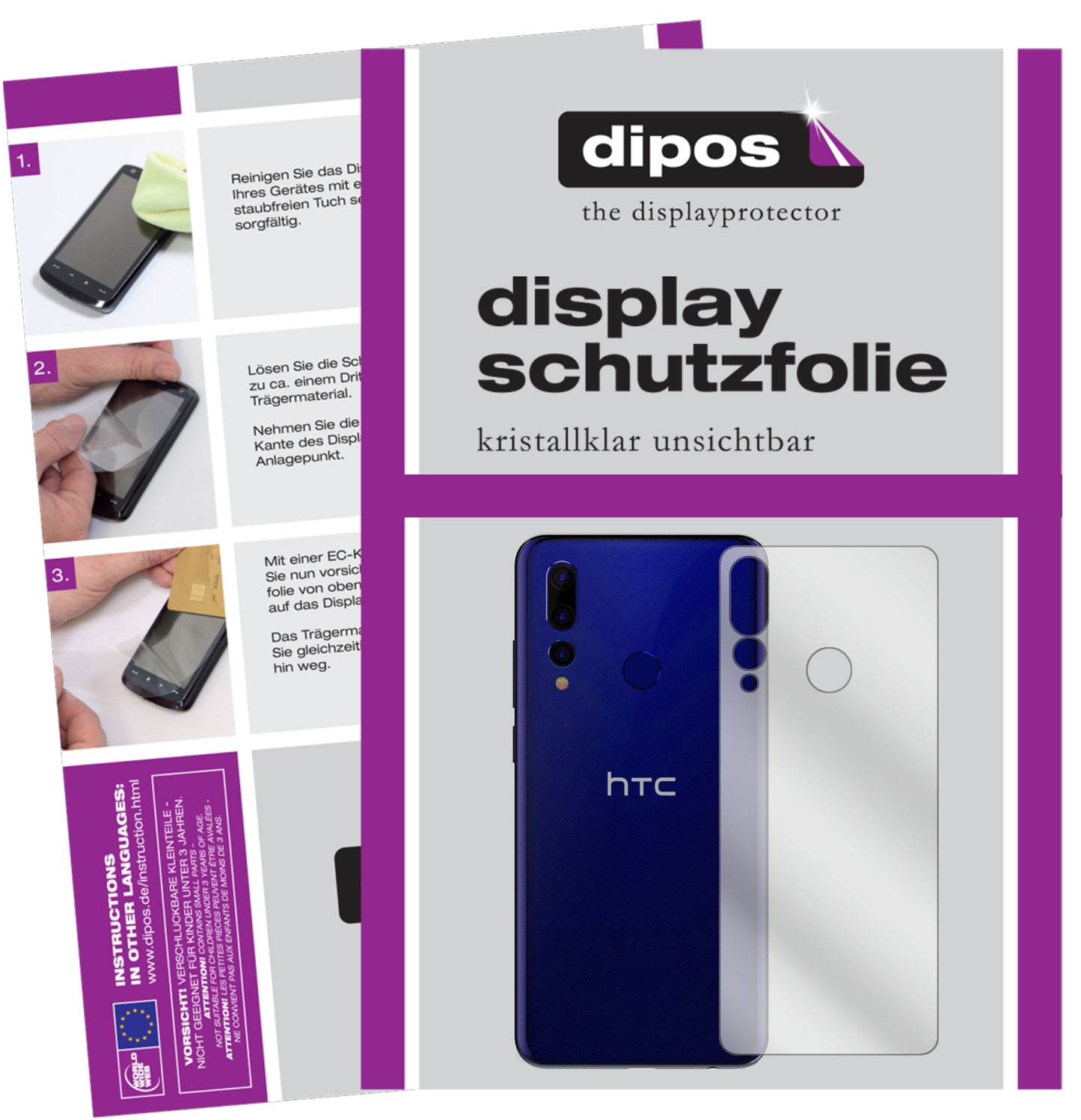 Klare Displayschutzfolie von dipos passend für HTC Wildfire X Rückseite, präziser Zuschnitt und blasenfrei montiert