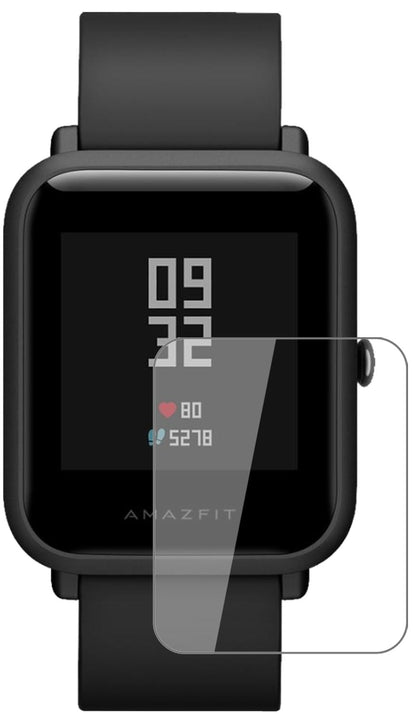 HuamiAmazfit Bip S mit aufgebrachter dipos Flex Schutzfolie, glasklare Darstellung ohne Einschränkungen