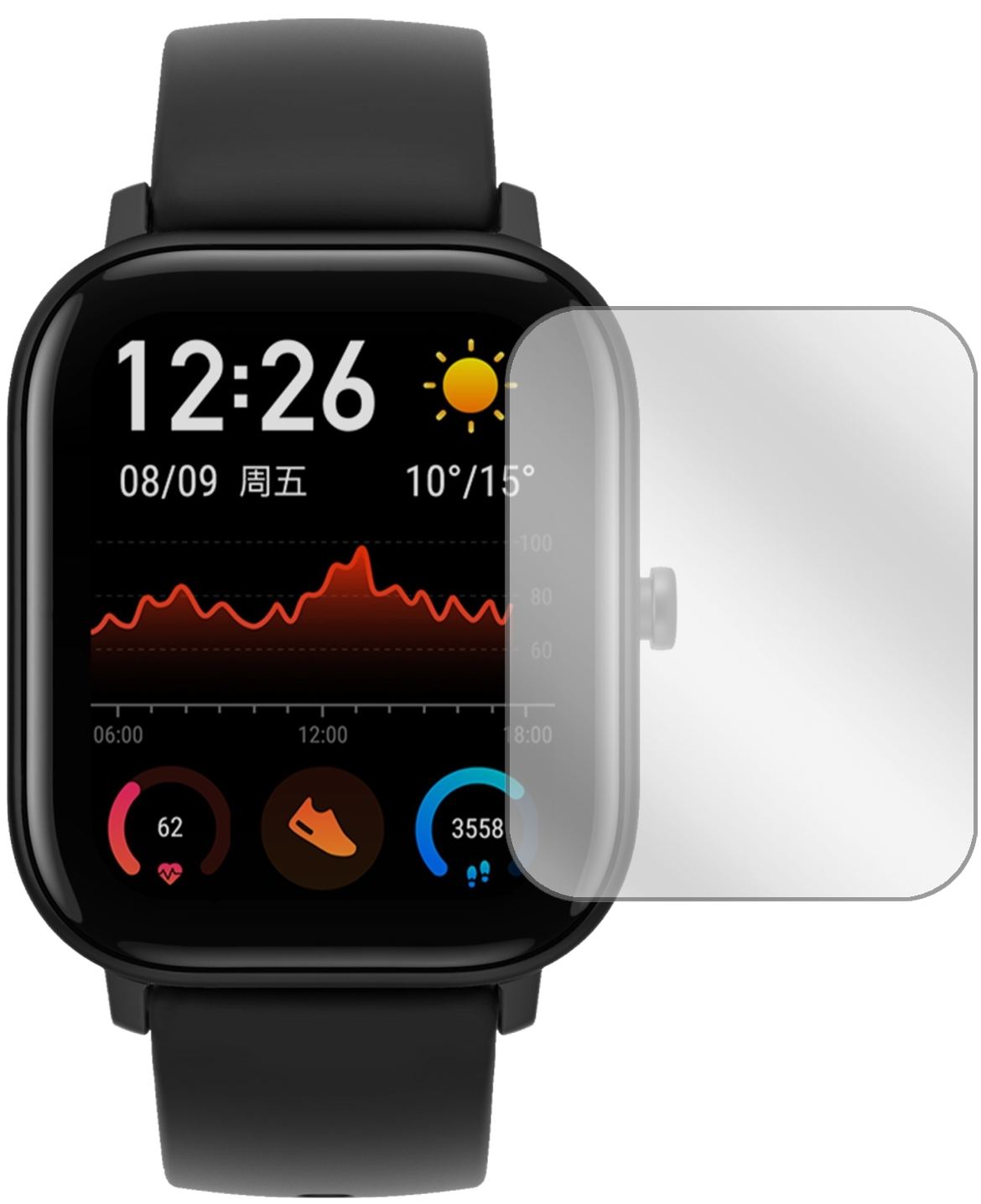 HuamiAmazfit GTS mit aufgebrachter dipos Displayschutzfolie, glasklare Darstellung ohne Einschränkungen
