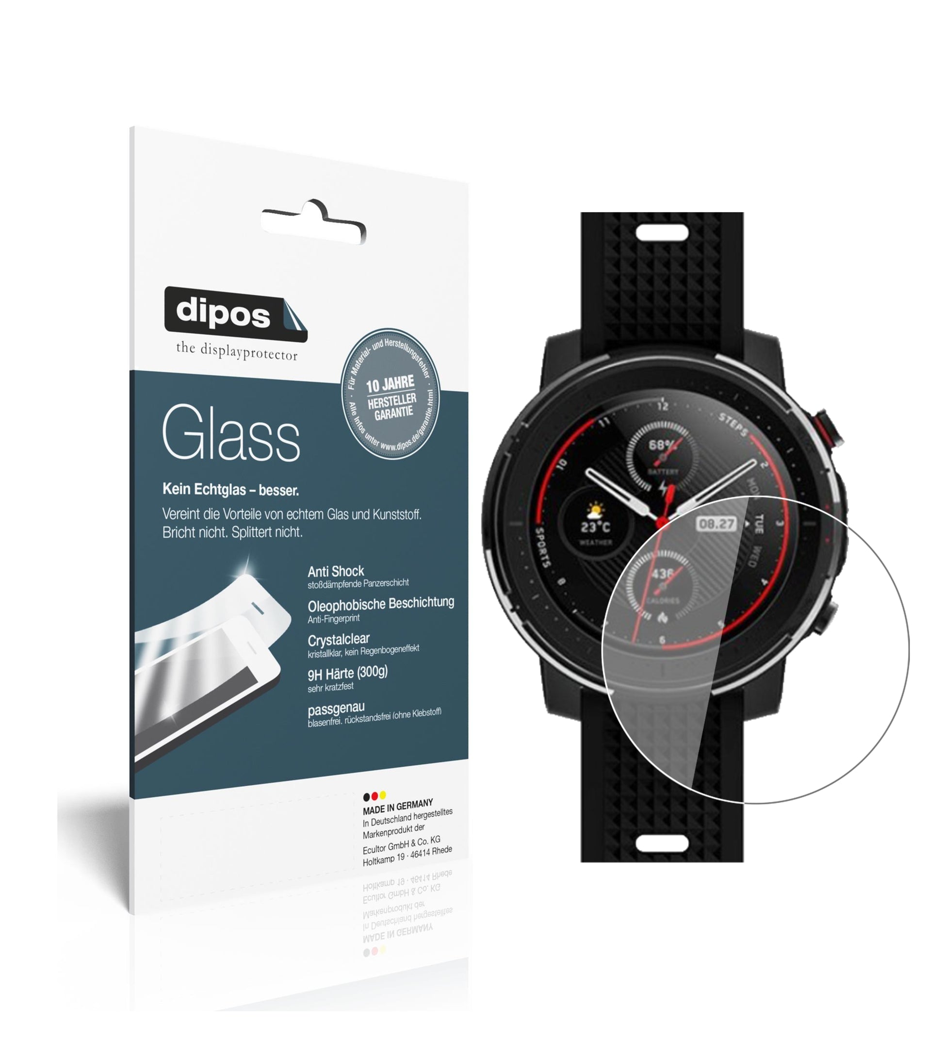 Klare Displayschutzfolie von dipos passend für Huami Amazfit Stratos 3, 9H kratzfest und blasenfrei montiert