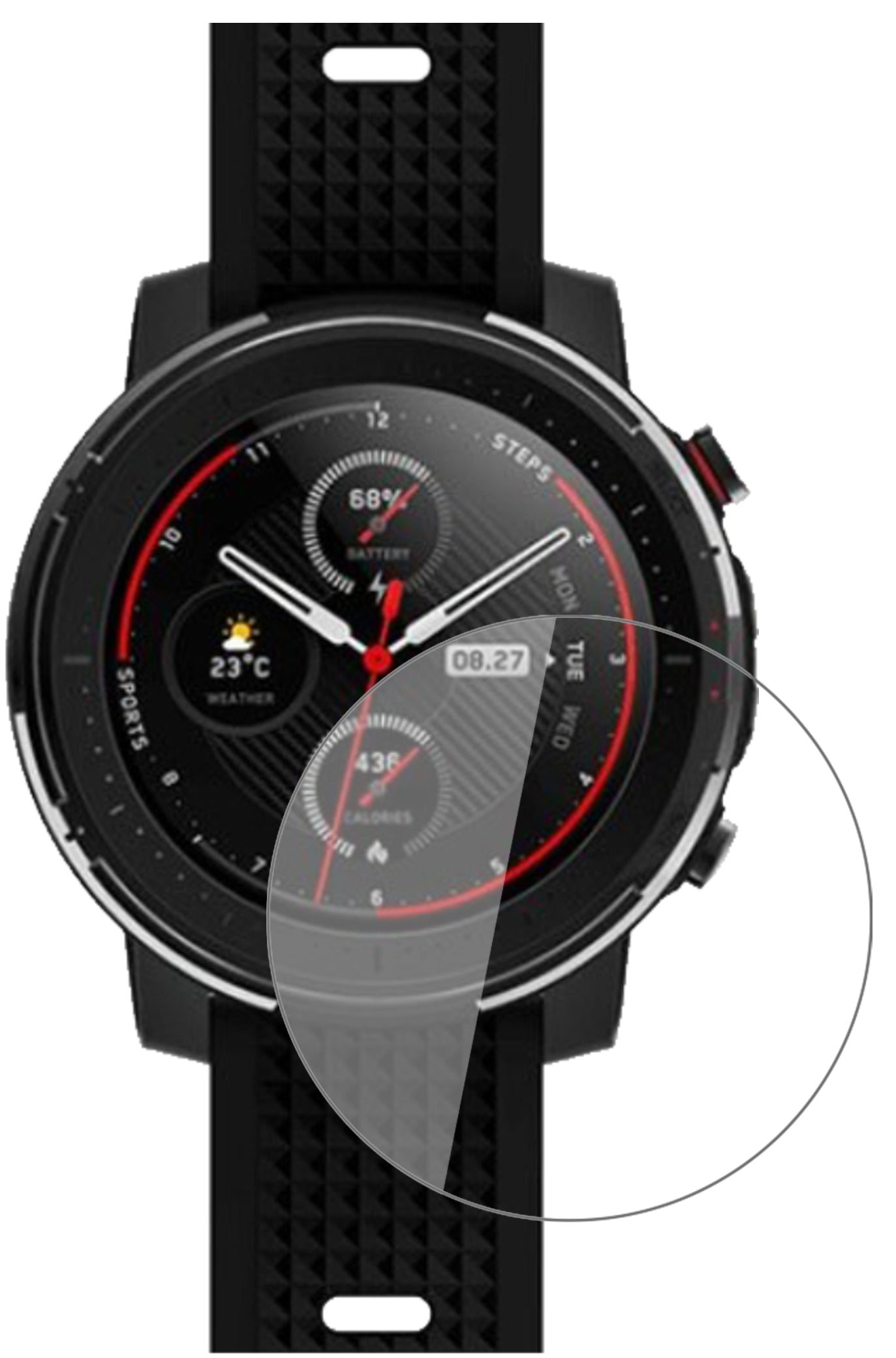 HuamiAmazfit Stratos 3 mit aufgebrachter dipos Flex Schutzfolie, glasklare Darstellung ohne Einschränkungen