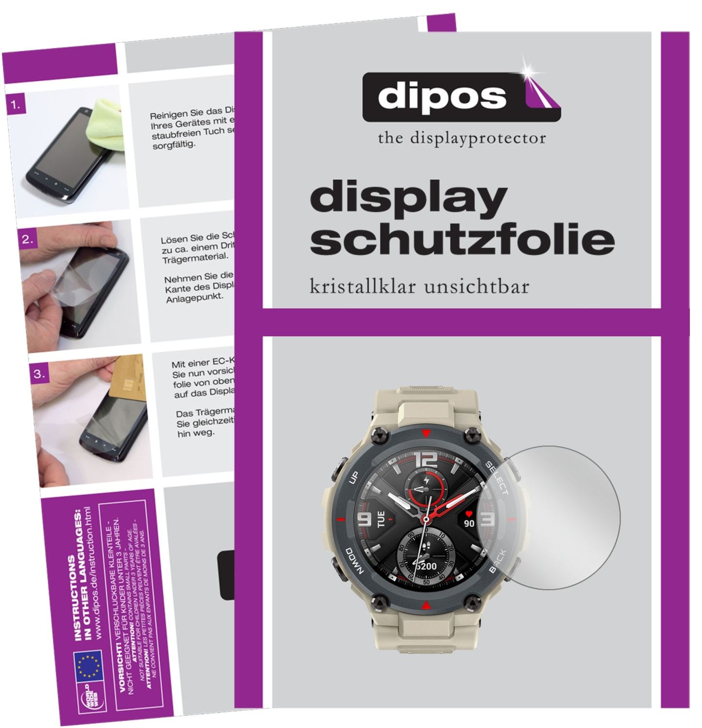 Klare Displayschutzfolie von dipos passend für Huami Amazfit T-Rex, präziser Zuschnitt und blasenfrei montiert