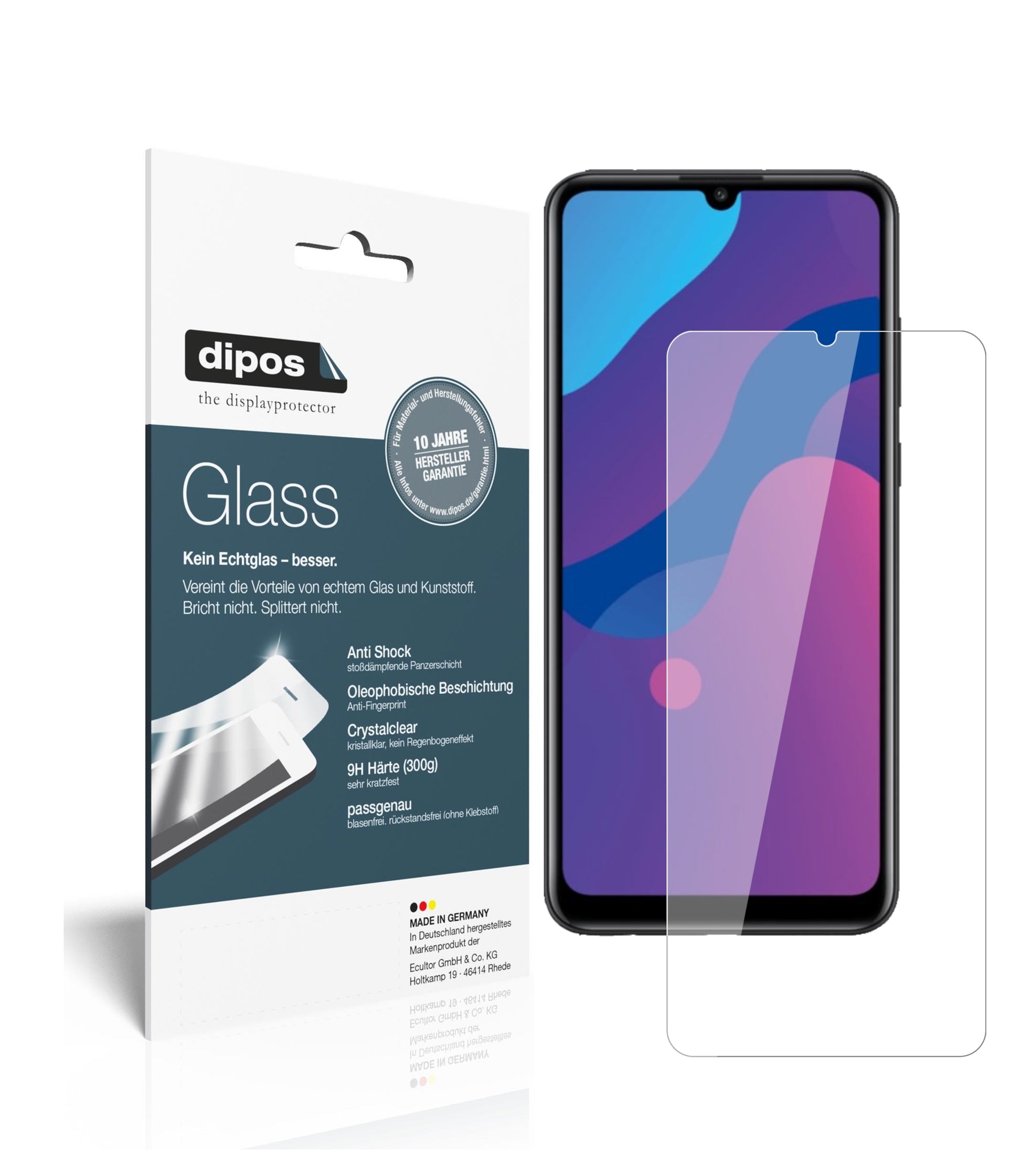 Klare Displayschutzfolie von dipos passend für Huawei Enjoy 10e, 9H kratzfest und blasenfrei montiert