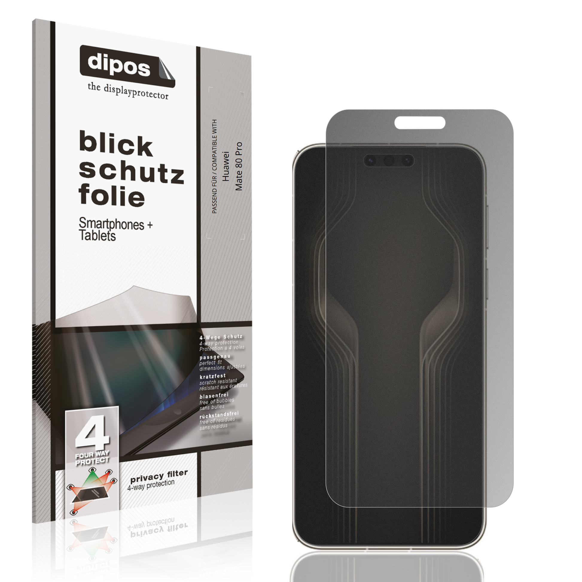 Blickschutzfolie von dipos passend für huaweimate 80 pro, präziser Zuschnitt und blasenfrei montiert