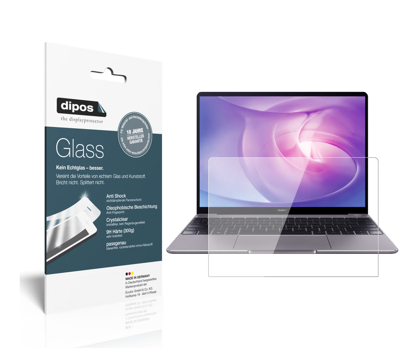Klare Displayschutzfolie von dipos passend für Huawei Matebook 13, 9H kratzfest und blasenfrei montiert