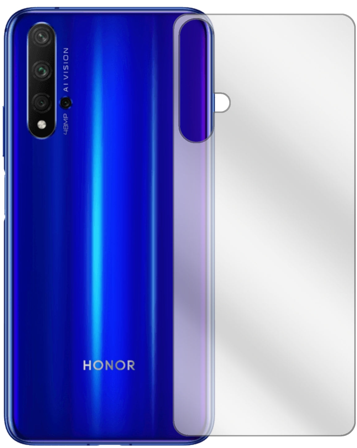 Honor20S Rückseite mit aufgebrachter dipos Displayschutzfolie, glasklare Darstellung ohne Einschränkungen