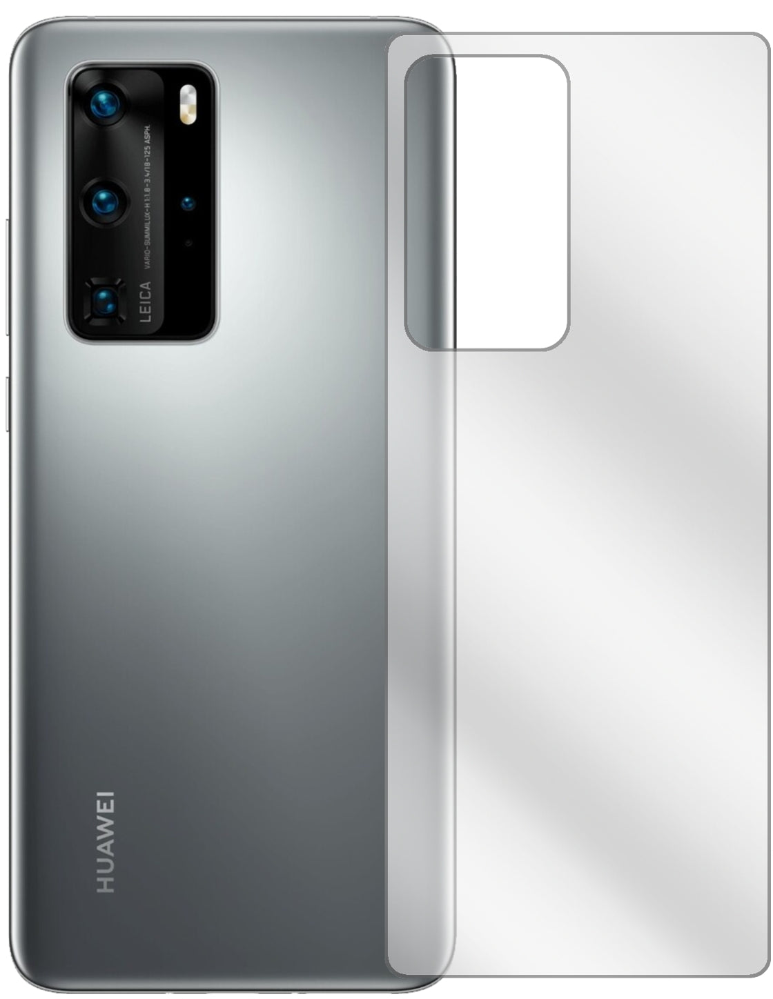 HuaweiP40 Rückseite mit aufgebrachter dipos Displayschutzfolie, glasklare Darstellung ohne Einschränkungen