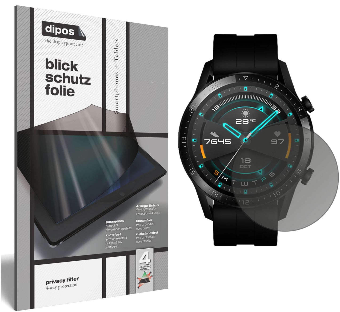 Blickschutzfolie von dipos passend für Huawei Watch GT 2 (46mm), präziser Zuschnitt und blasenfrei montiert