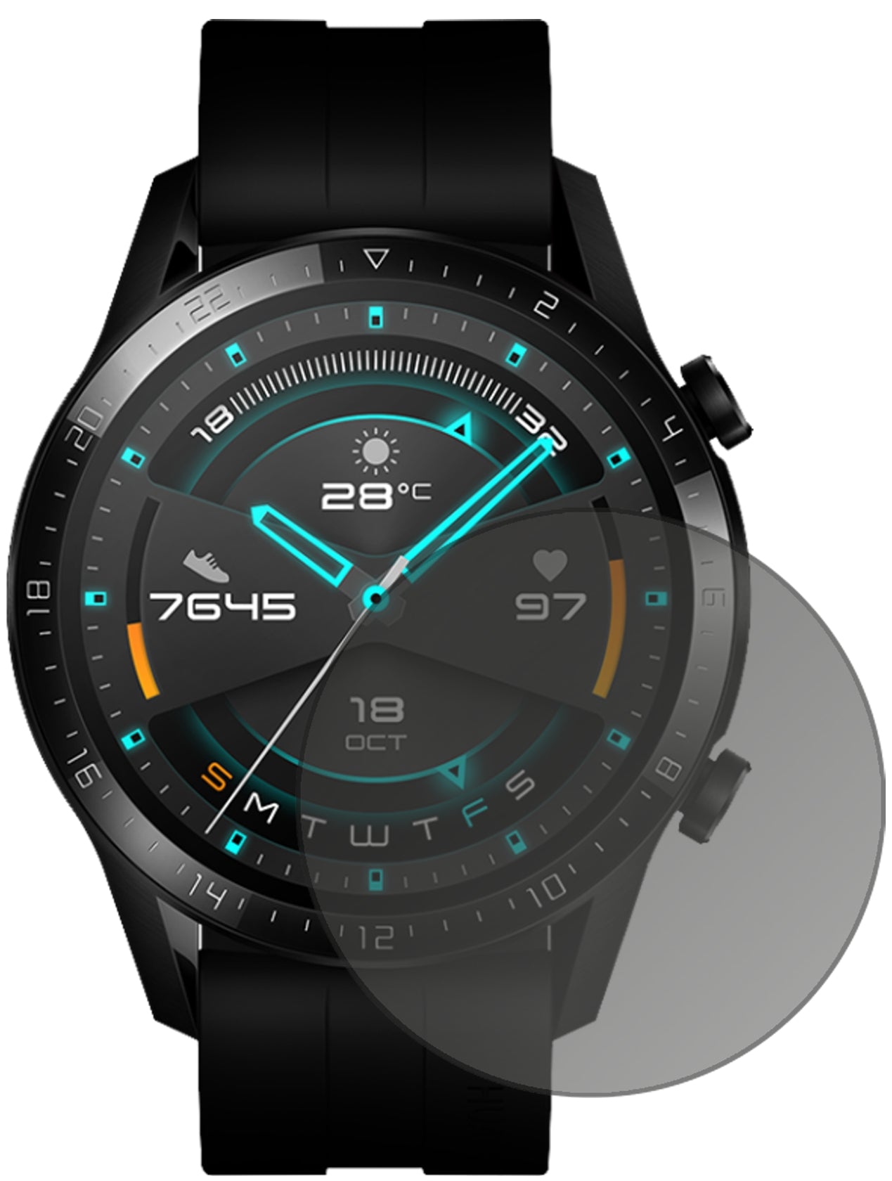 HuaweiWatch GT 2 (46mm) mit aufgebrachtem dipos Displayschutz, der seitliche Einblicke blockiert