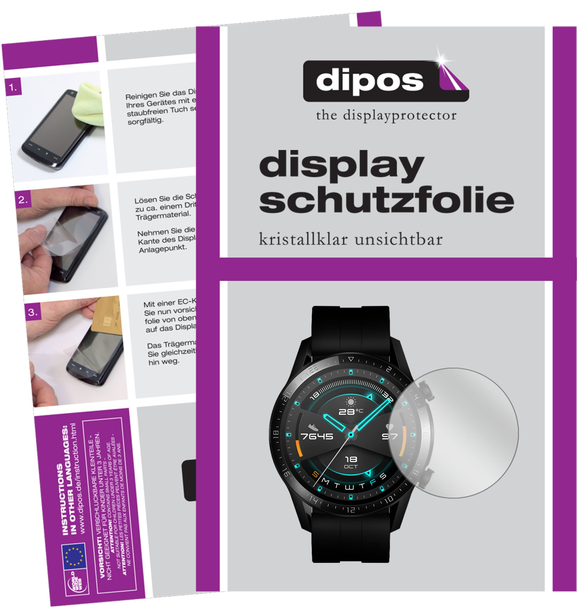 Klare Displayschutzfolie von dipos passend für Huawei Watch GT 2 (46mm), präziser Zuschnitt und blasenfrei montiert