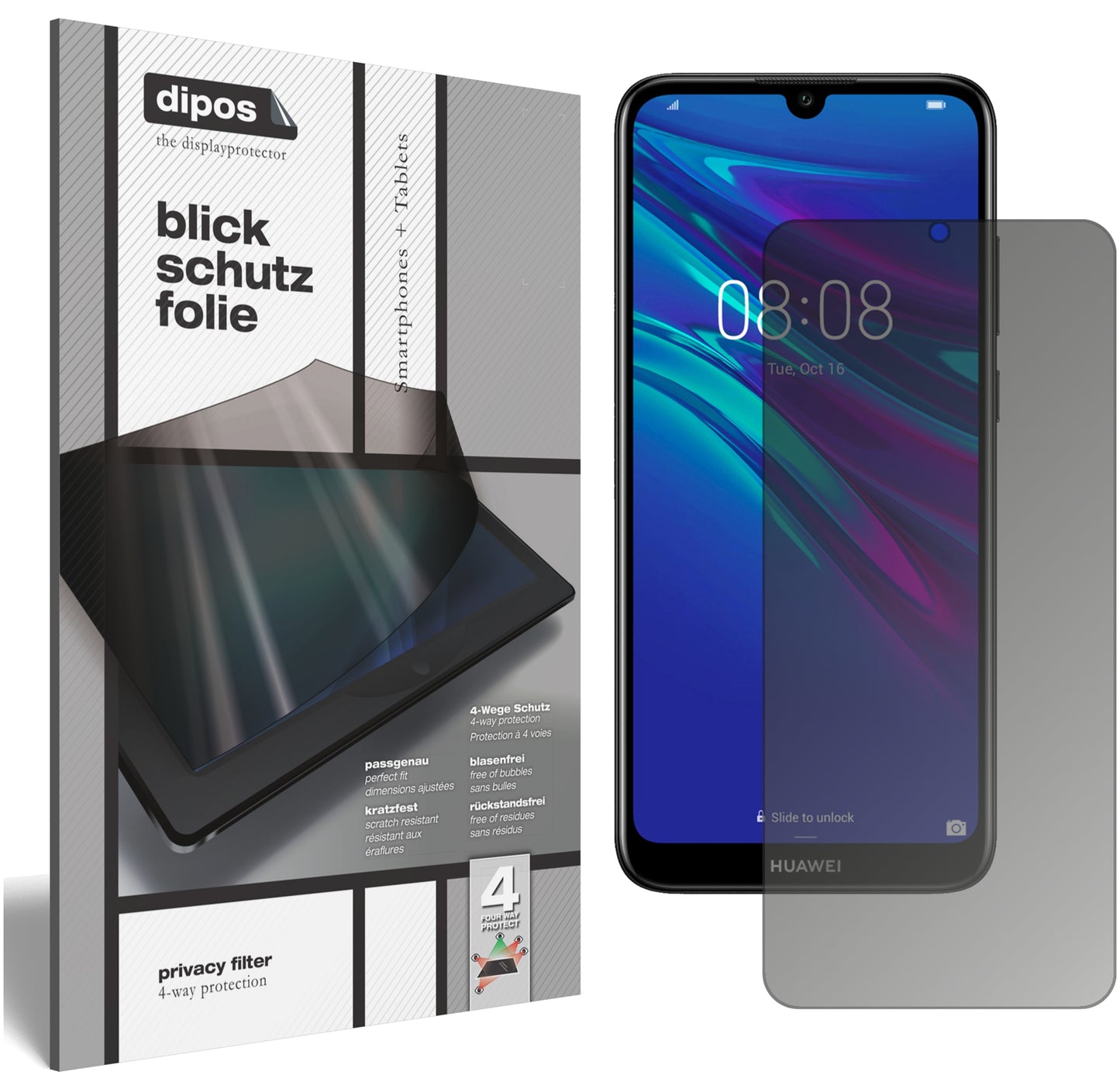 Blickschutzfolie von dipos passend für Huawei Enjoy 9e, präziser Zuschnitt und blasenfrei montiert