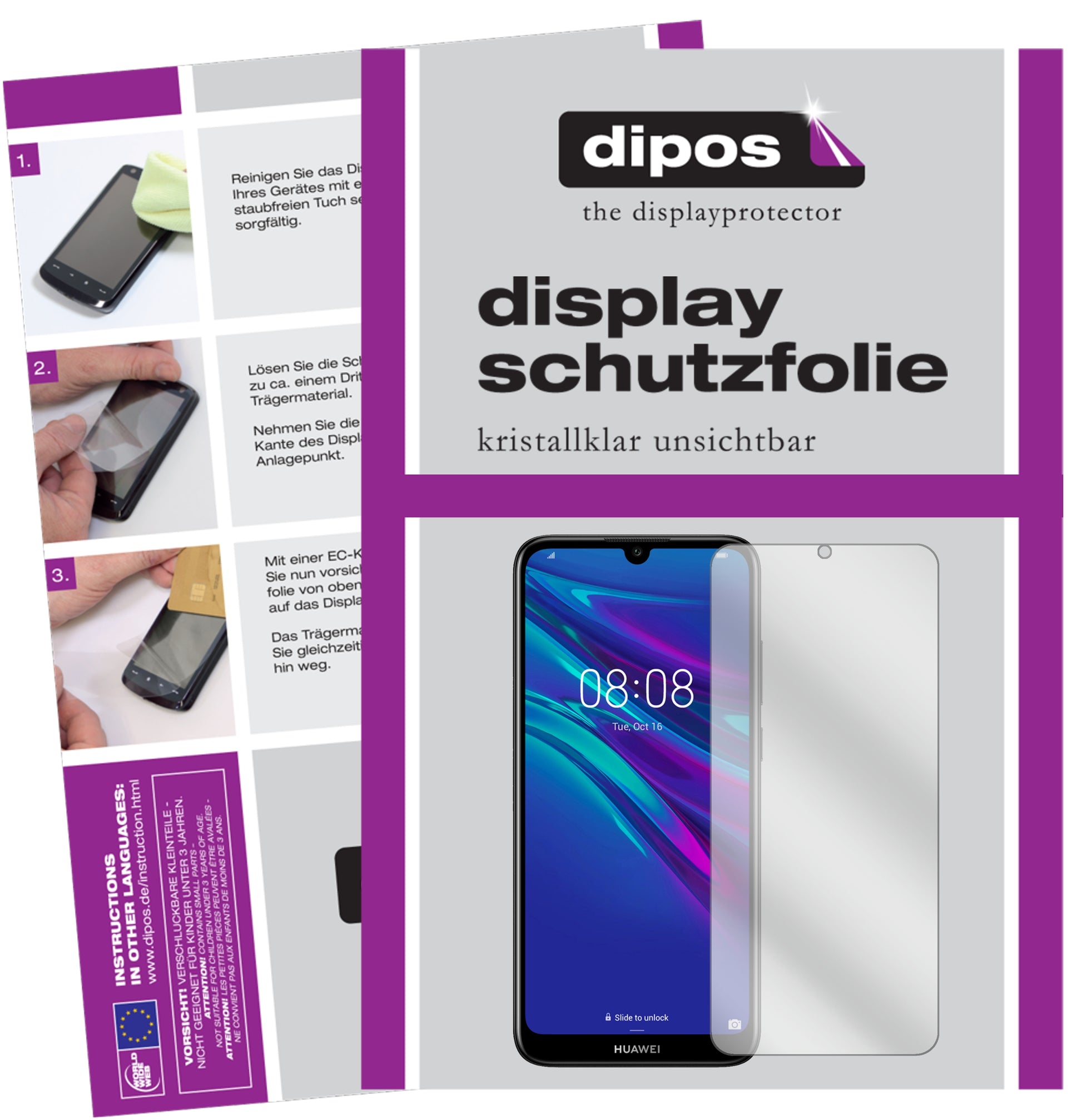 Klare Displayschutzfolie von dipos passend für Huawei Enjoy 9e, präziser Zuschnitt und blasenfrei montiert