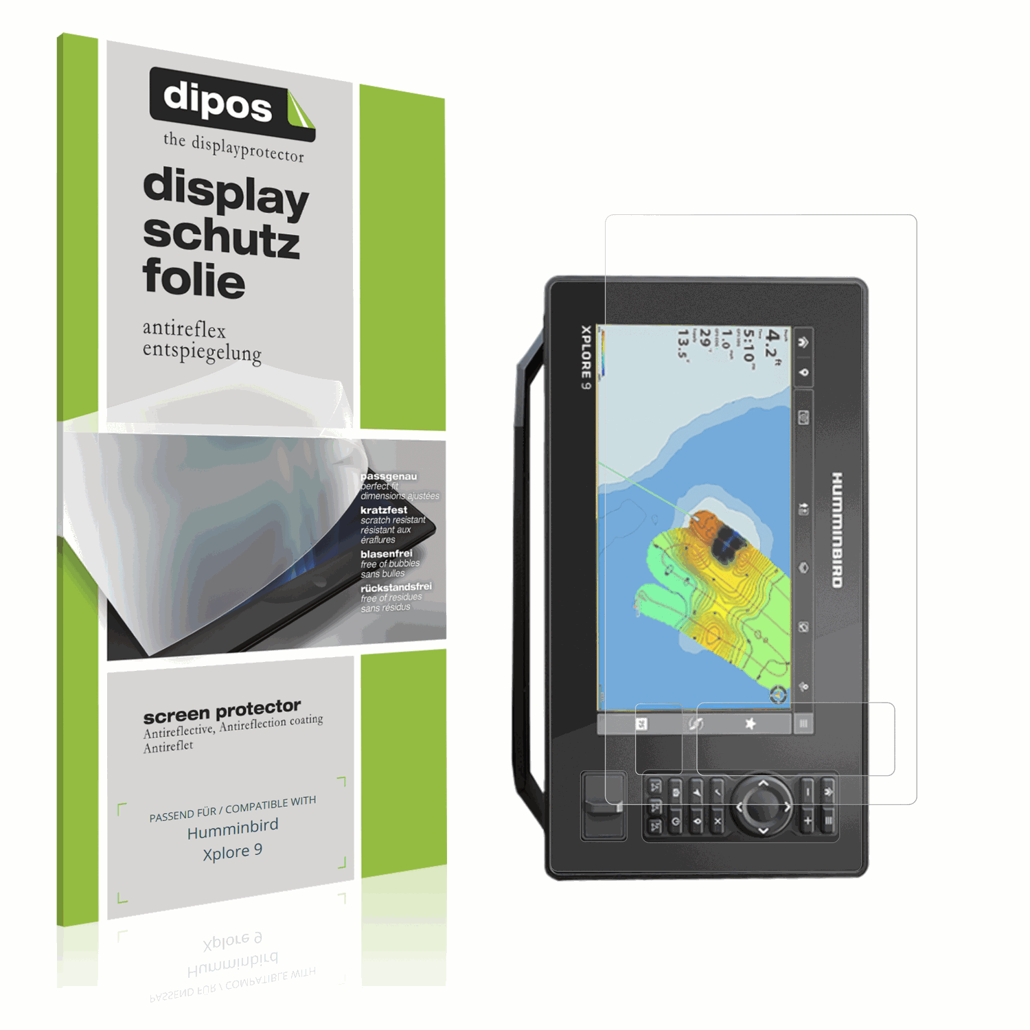 Matte Displayschutzfolie von dipos passend für Humminbird Xplore 9, präziser Zuschnitt und blasenfrei montiert