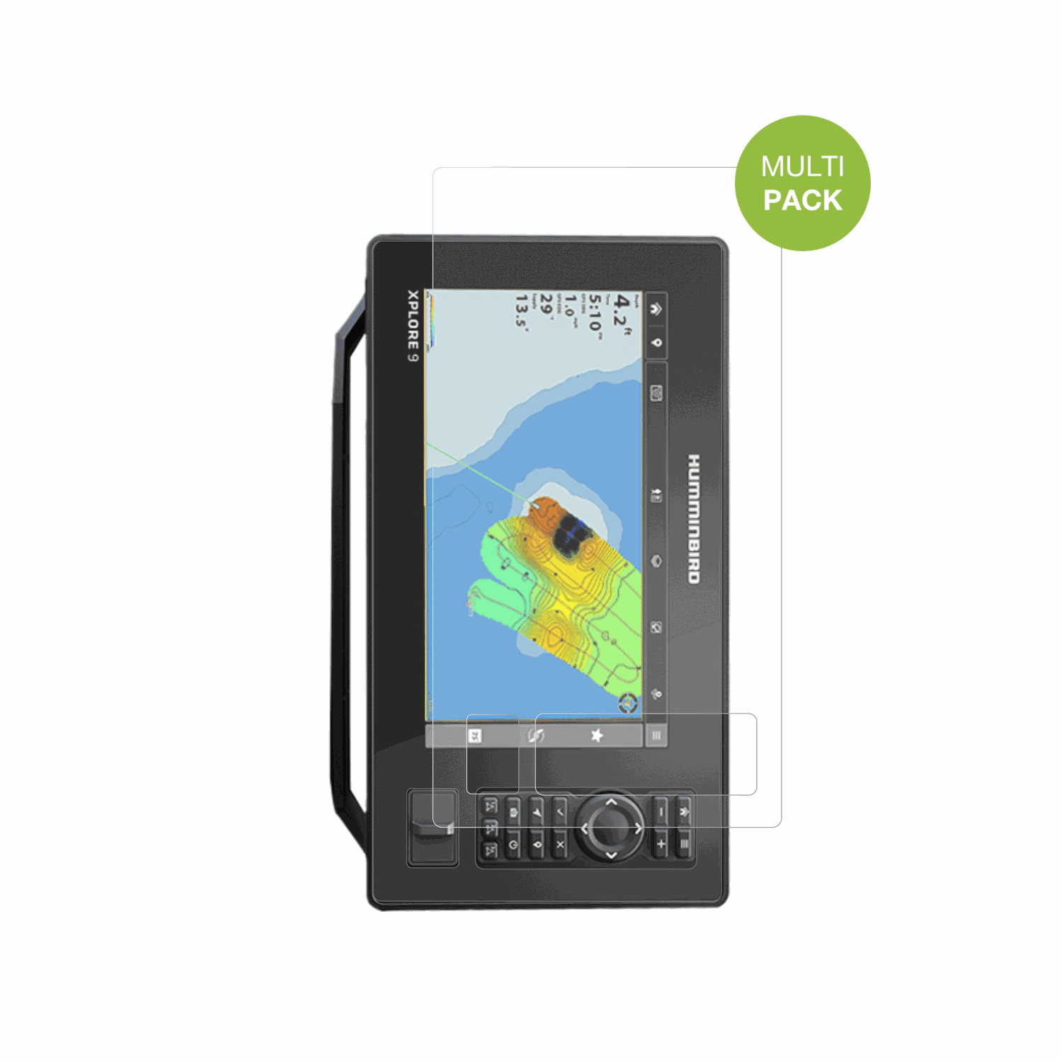 HumminbirdXplore 9 mit aufgebrachter dipos Displayschutzfolie, die lästige Fingerabdrücke minimiert