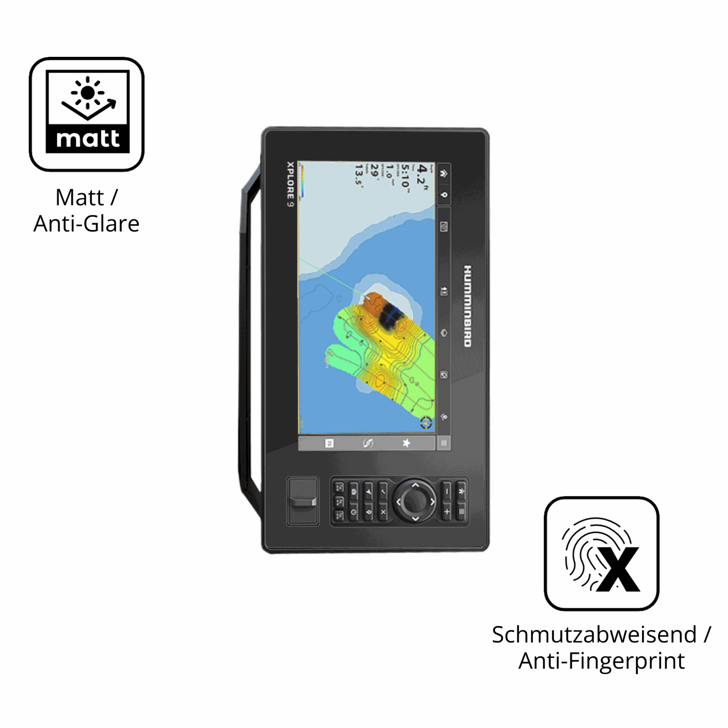 Dünne und entspiegelnde Folie passend zugeschnitten für Humminbird Xplore 9