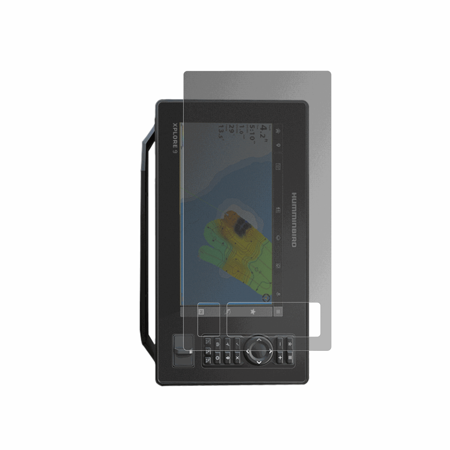 HumminbirdXplore 9 mit aufgebrachtem dipos Displayschutz, der seitliche Einblicke blockiert