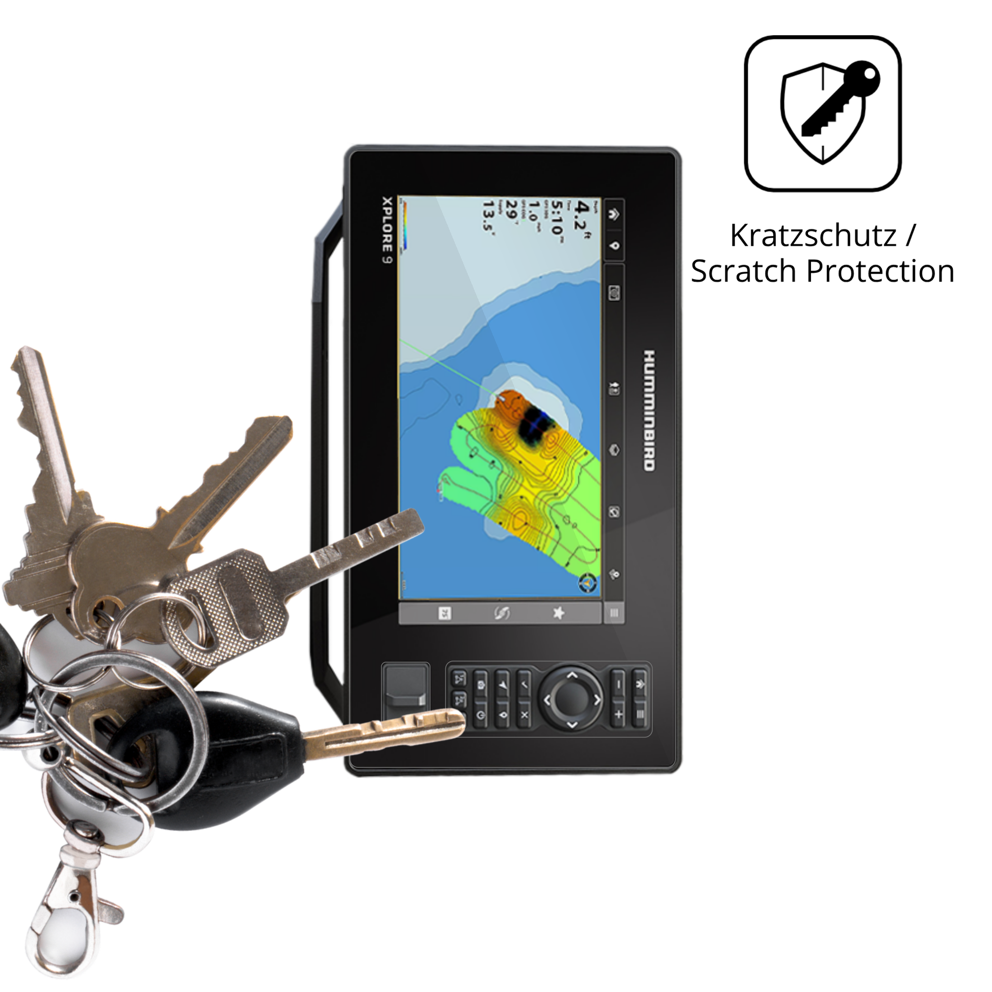 Schutz gegen Kratzer auf dem Humminbird Xplore 9 Glas durch Schlüssel oder Ähnliches